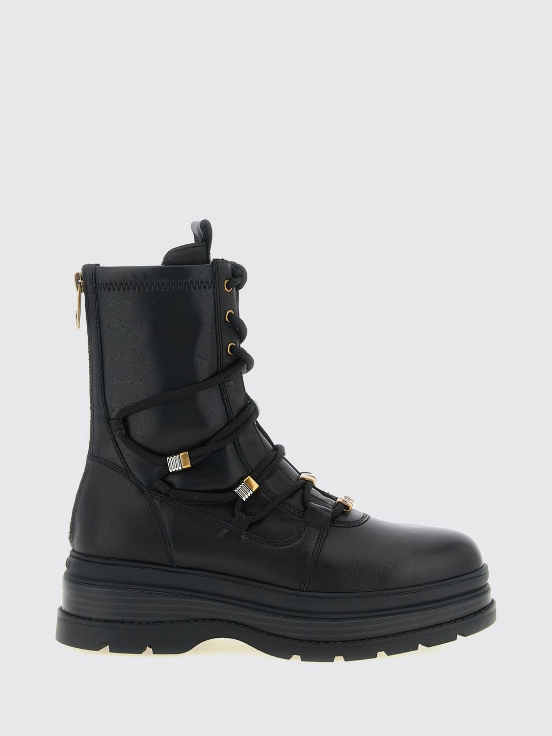 Pinko Eva Smooth Leather Combat Boots with Rear Zip Closure
