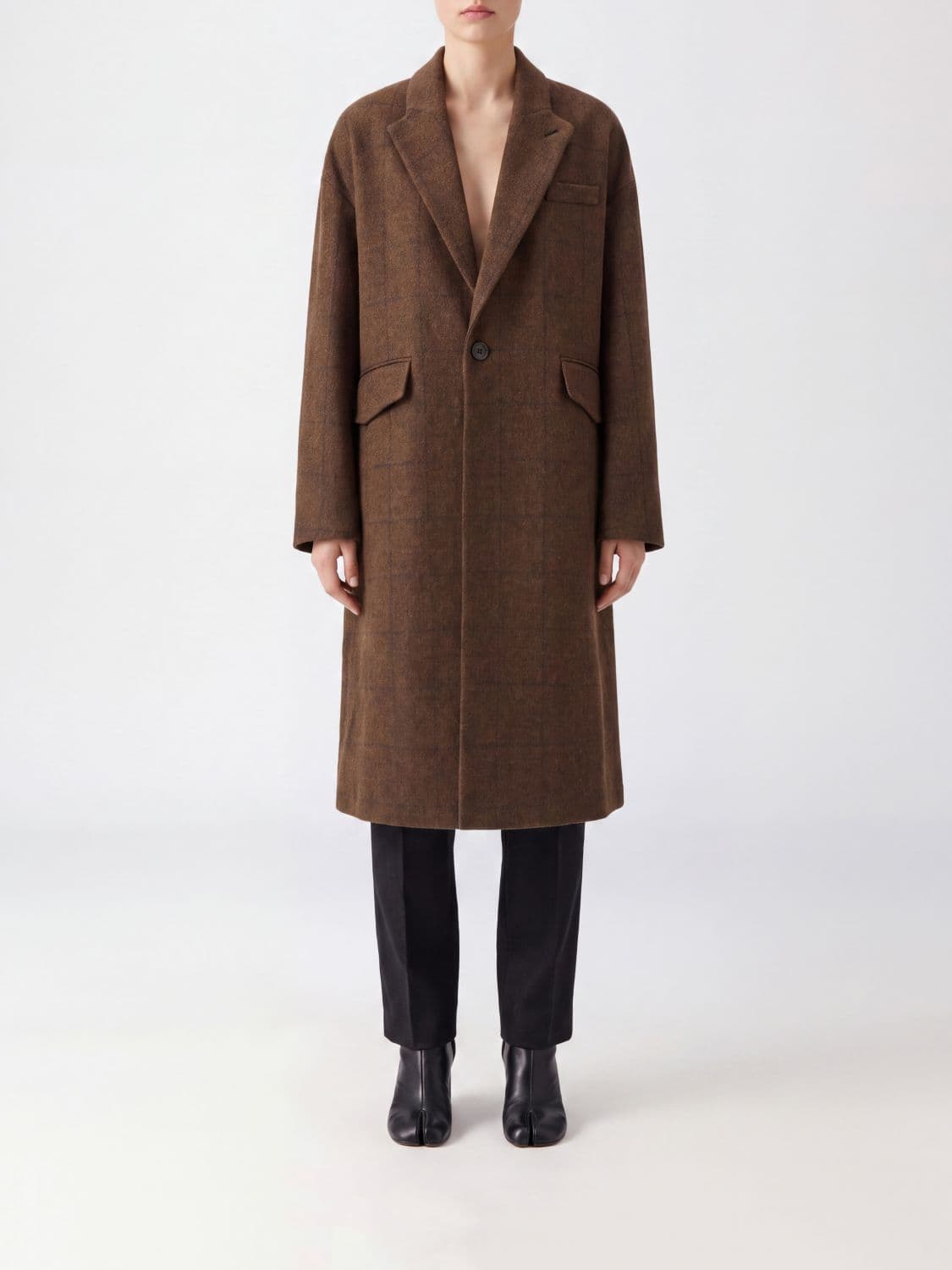 Maison Margiela Long Single-Breasted Coat in Check Wool with Peaked Lapels