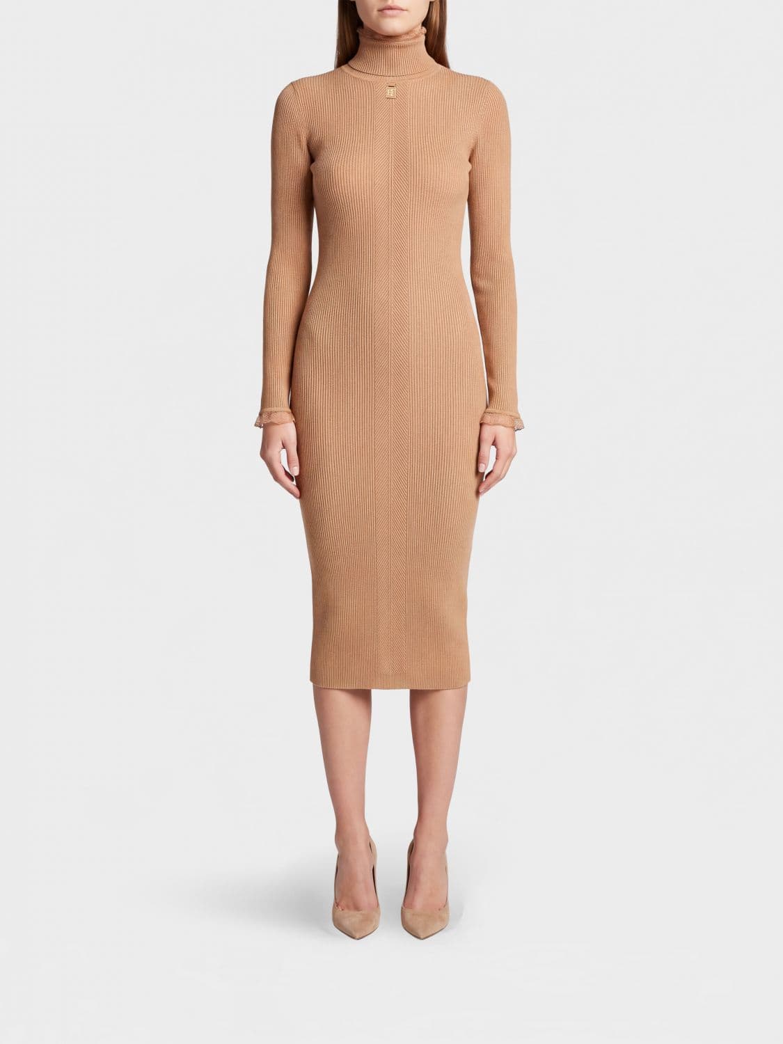 Elisabetta Franchi Slim Fit Turtleneck Midi Knit Dress