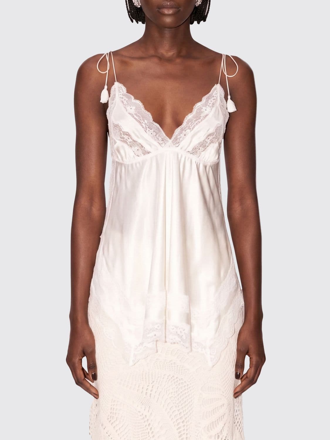 Magda Butrym Silk Evening Top with Lace Inserts and Triangle Neckline