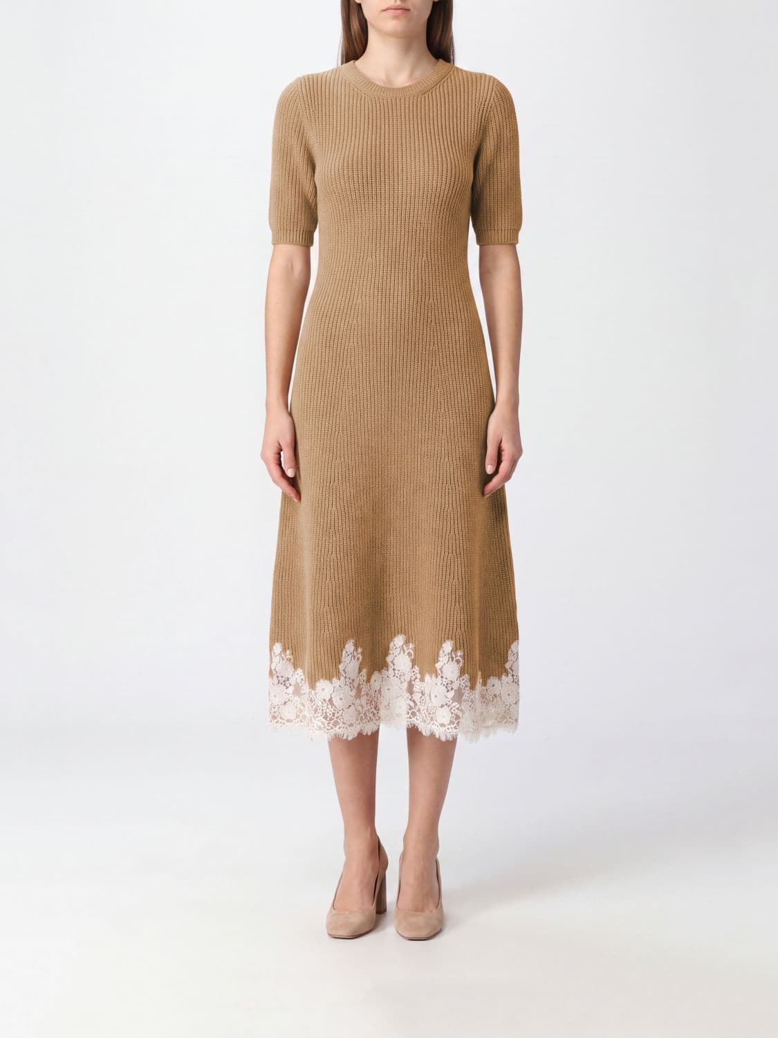 Alberta Ferretti Midi Knit Dress in Cashmere and Camel with Macramé Inserts
