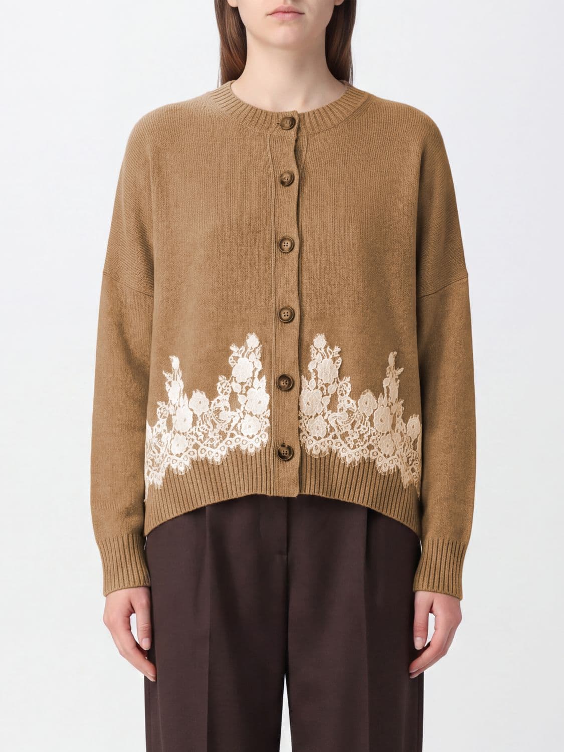 Alberta Ferretti Cashmere and Camel Hair Cardigan with Lace Inserts