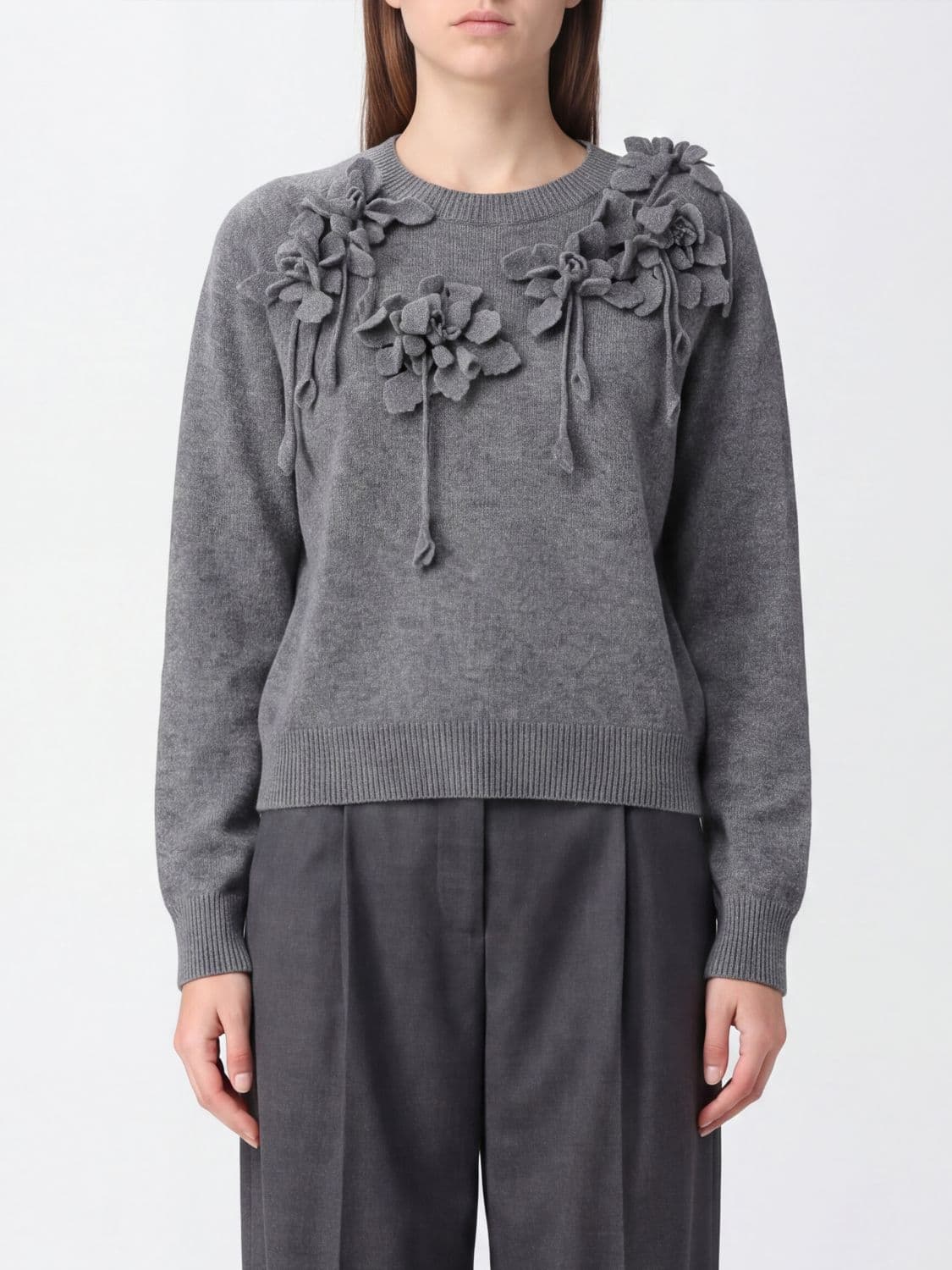 Alberta Ferretti Floral Embroidered Virgin Wool Long-Sleeved Crewneck Jumper