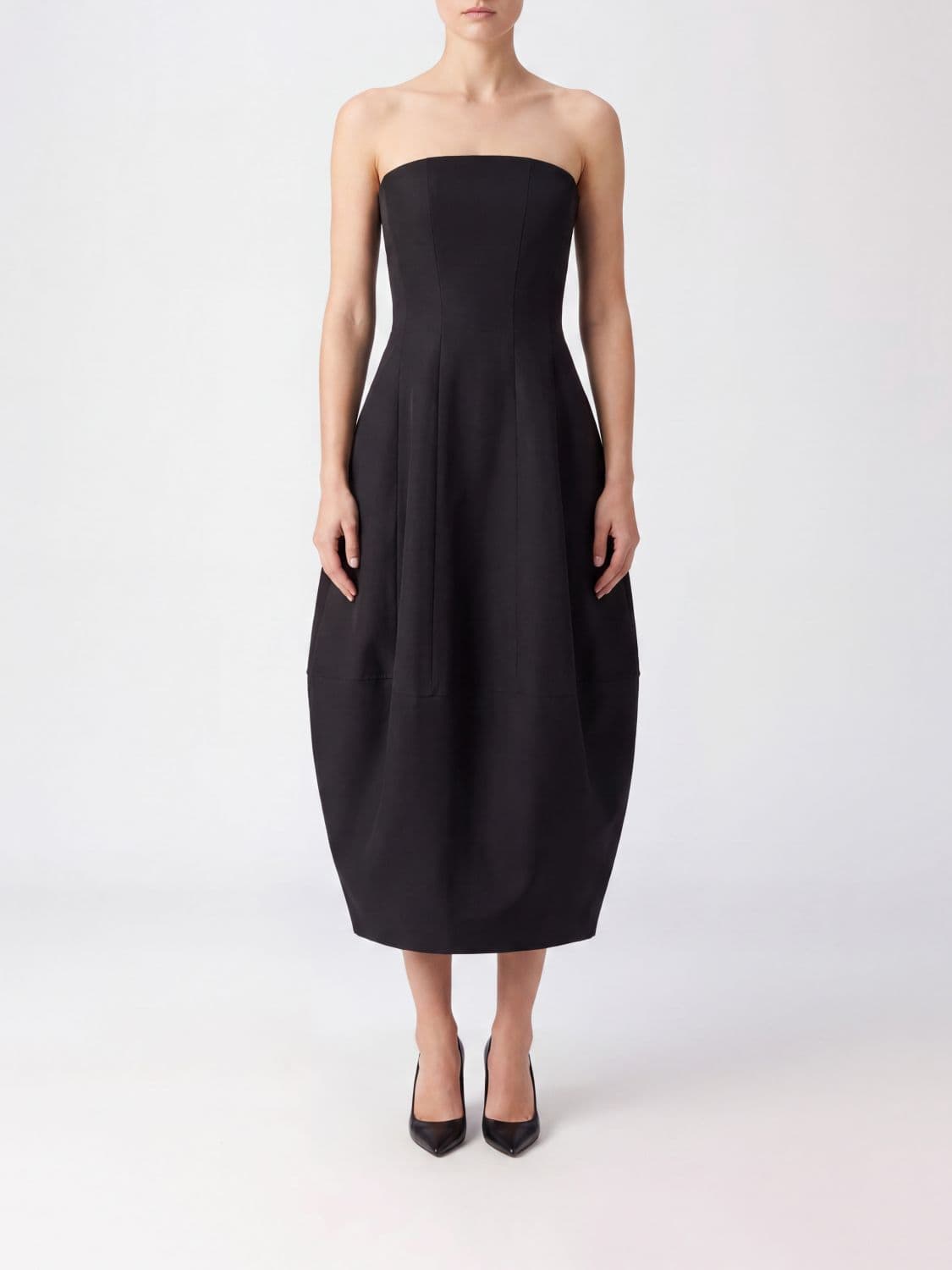 Khaite Stela Midi Dress in Wool and Silk with Balloon Skirt