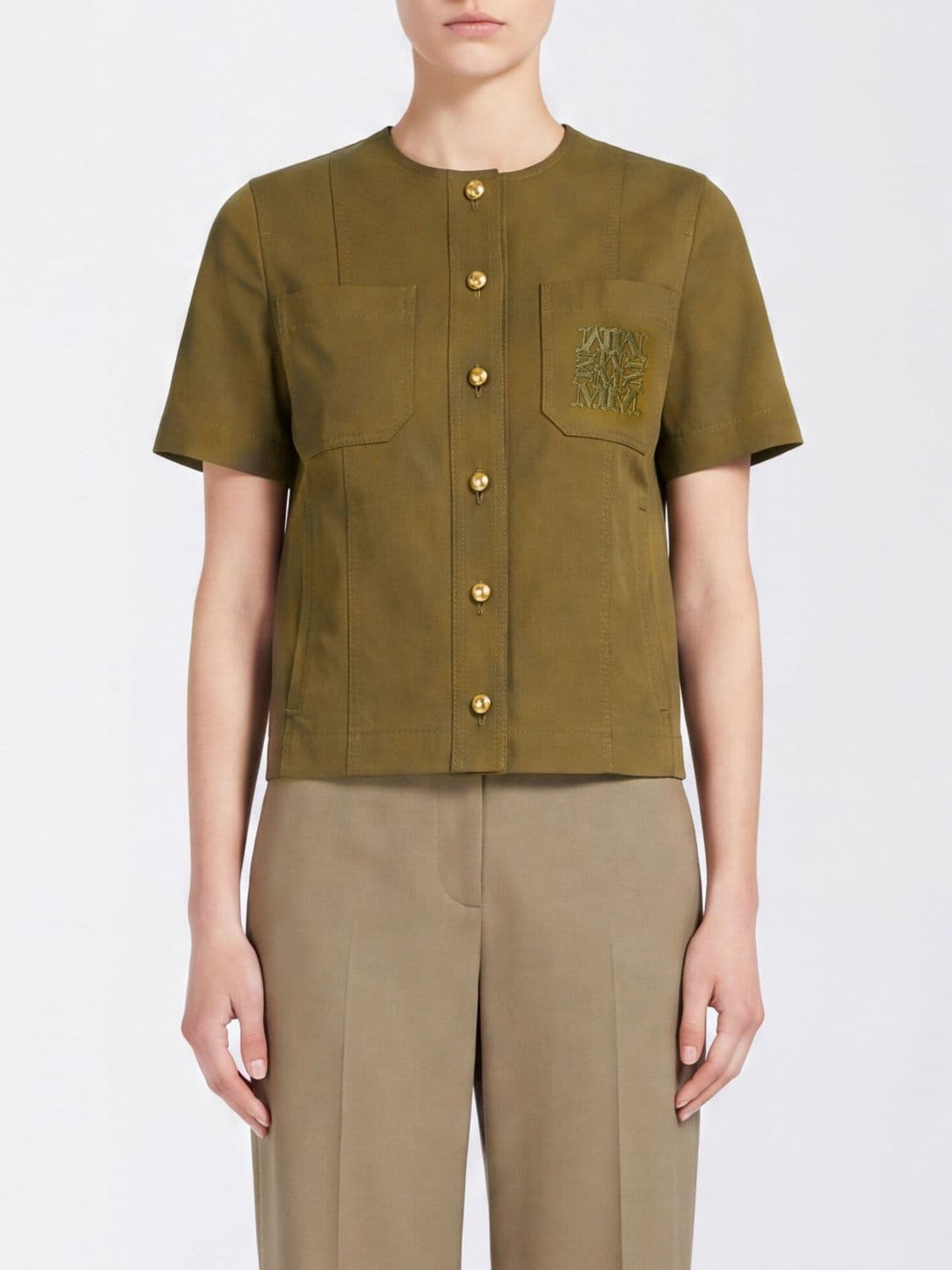 Max Mara Short-Sleeved Stretch Cotton Top with Pocket and Embroidered Logo