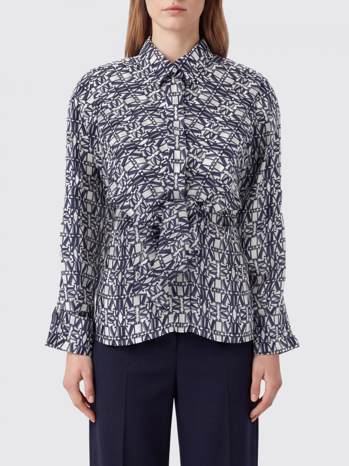 Max Mara Monogram Print Pure Silk Shirt with French Collar