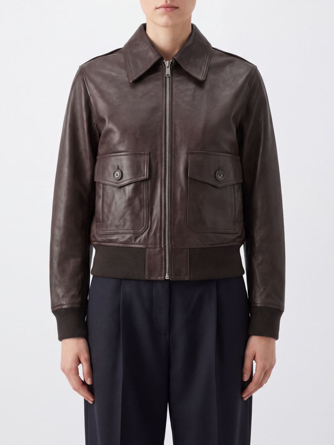 A.p.c. A. P.C. Cowhide Leather Bomber Jacket with Classic Collar and Zip Closure