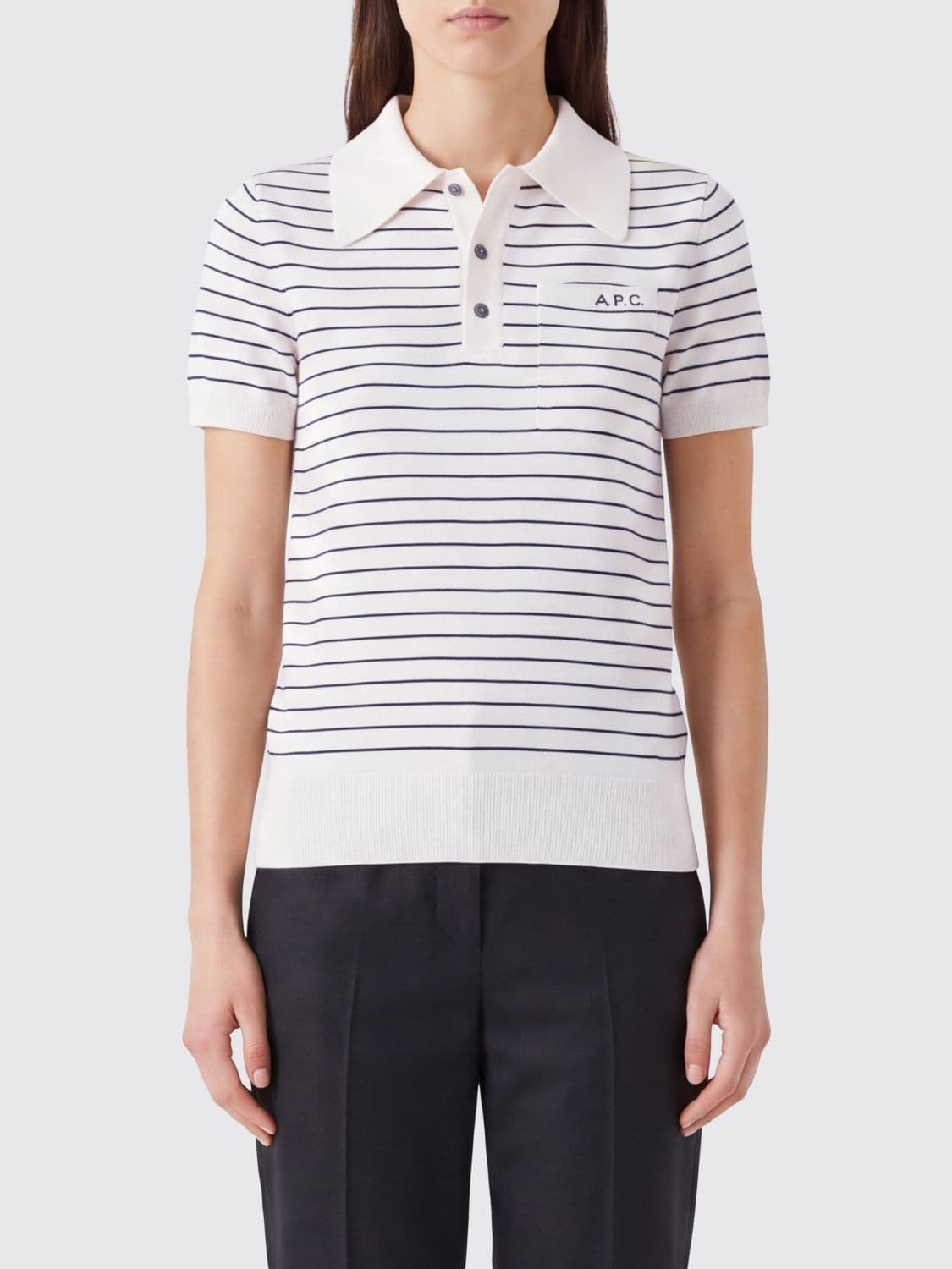 A.p.c. A. P.C. Striped Knit Cotton Polo Shirt with Short Sleeves and Patch Pocket