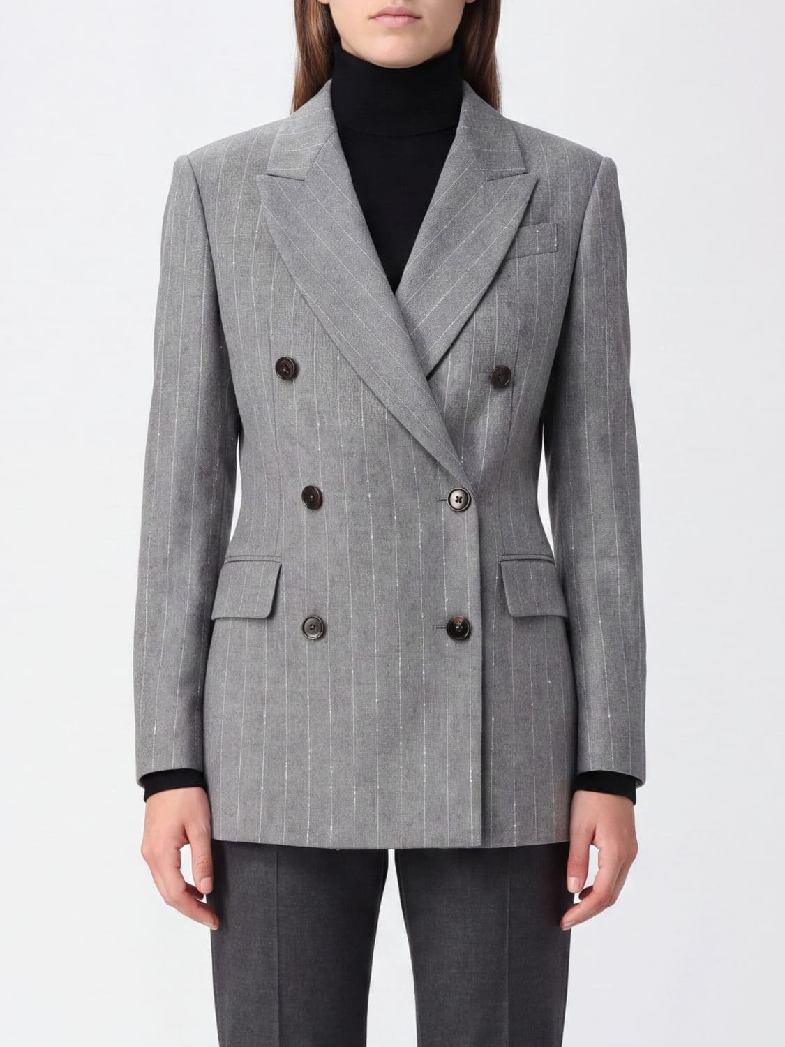 Brunello Cucinelli Pinstripe Wool Short Double-Breasted Blazer with Sequins