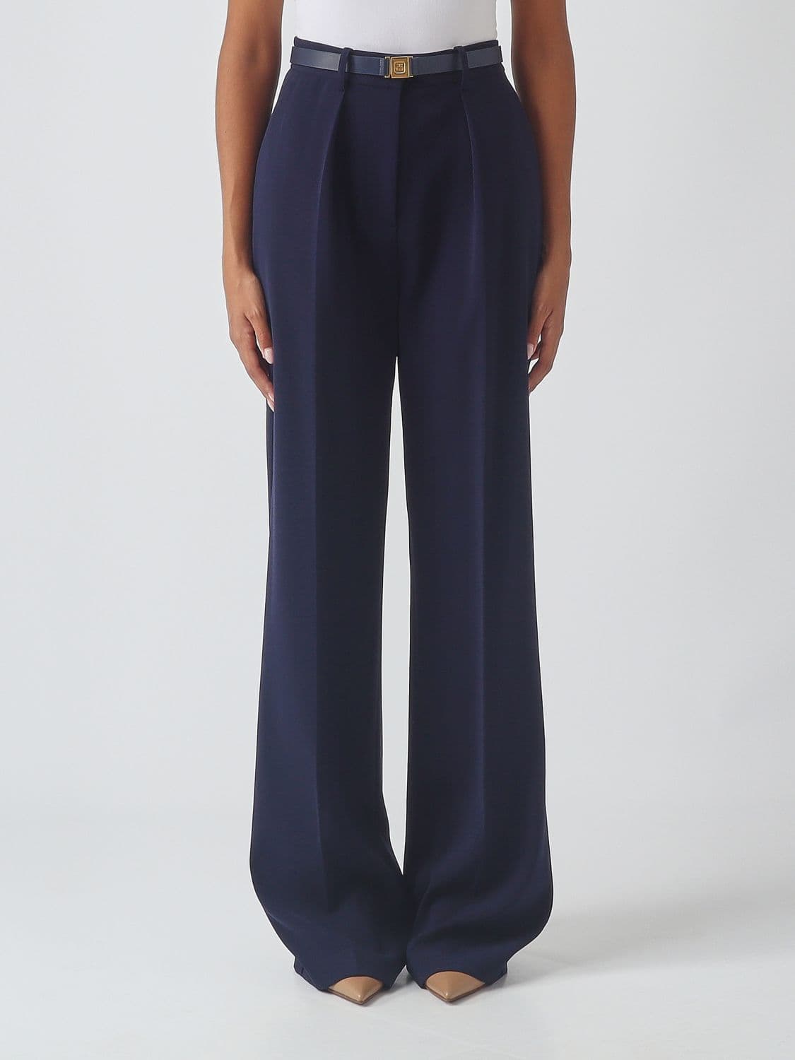 Elisabetta Franchi High-Waisted Wide-Leg Crêpe Trousers with Logo Belt