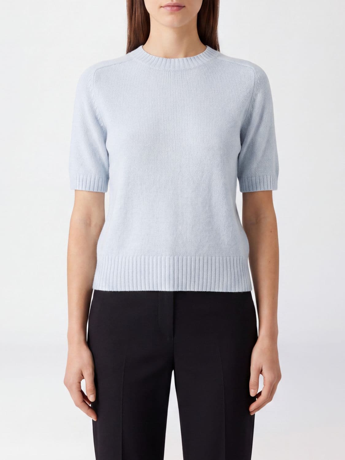Allude Short-Sleeved Cashmere Crewneck Jumper with Ribbed Hem