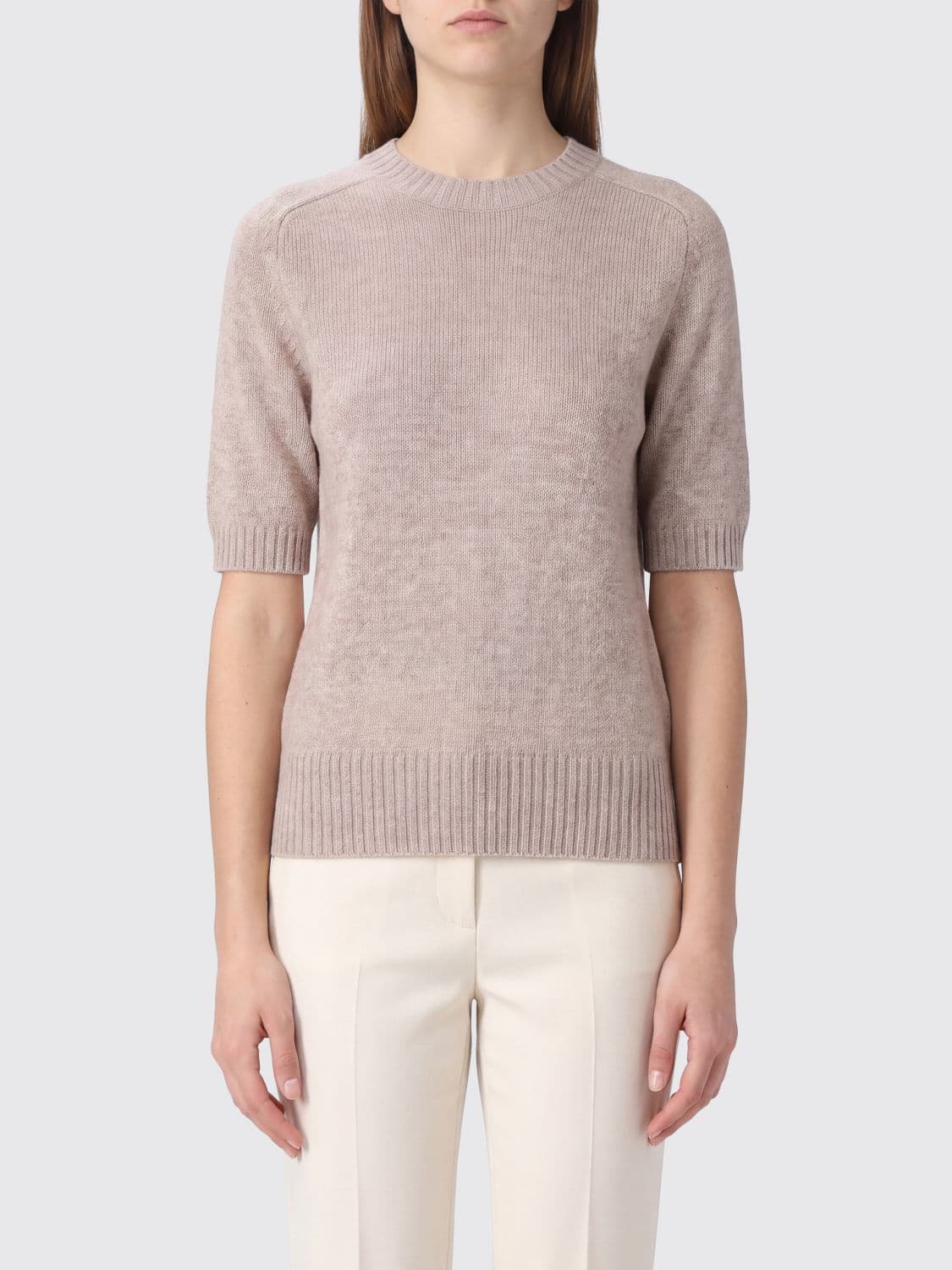Allude Short-Sleeved Cashmere Crewneck Jumper with Ribbed Hem