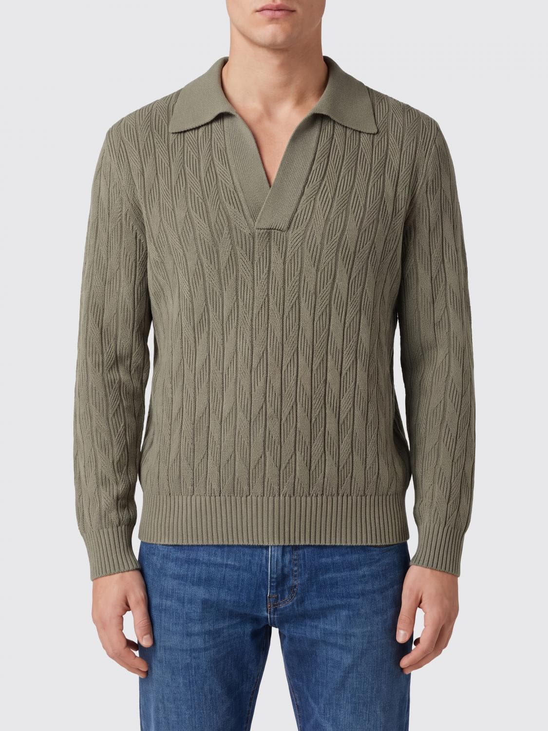 Canali Long-Sleeve Virgin Wool Knit Polo with V-Neck