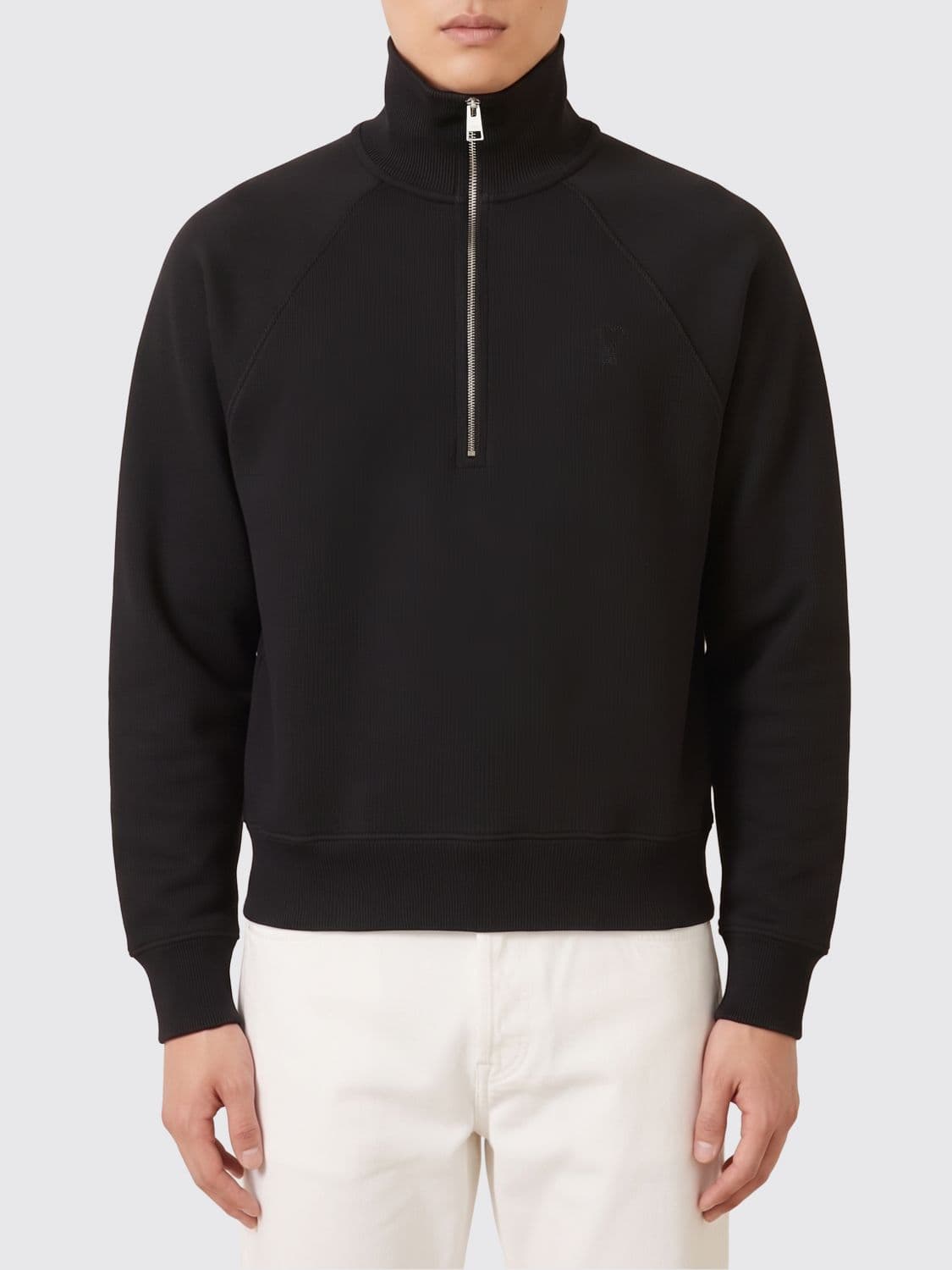 Ami Paris Pure Cotton Sweatshirt with High Neck and Half-Zip Closure