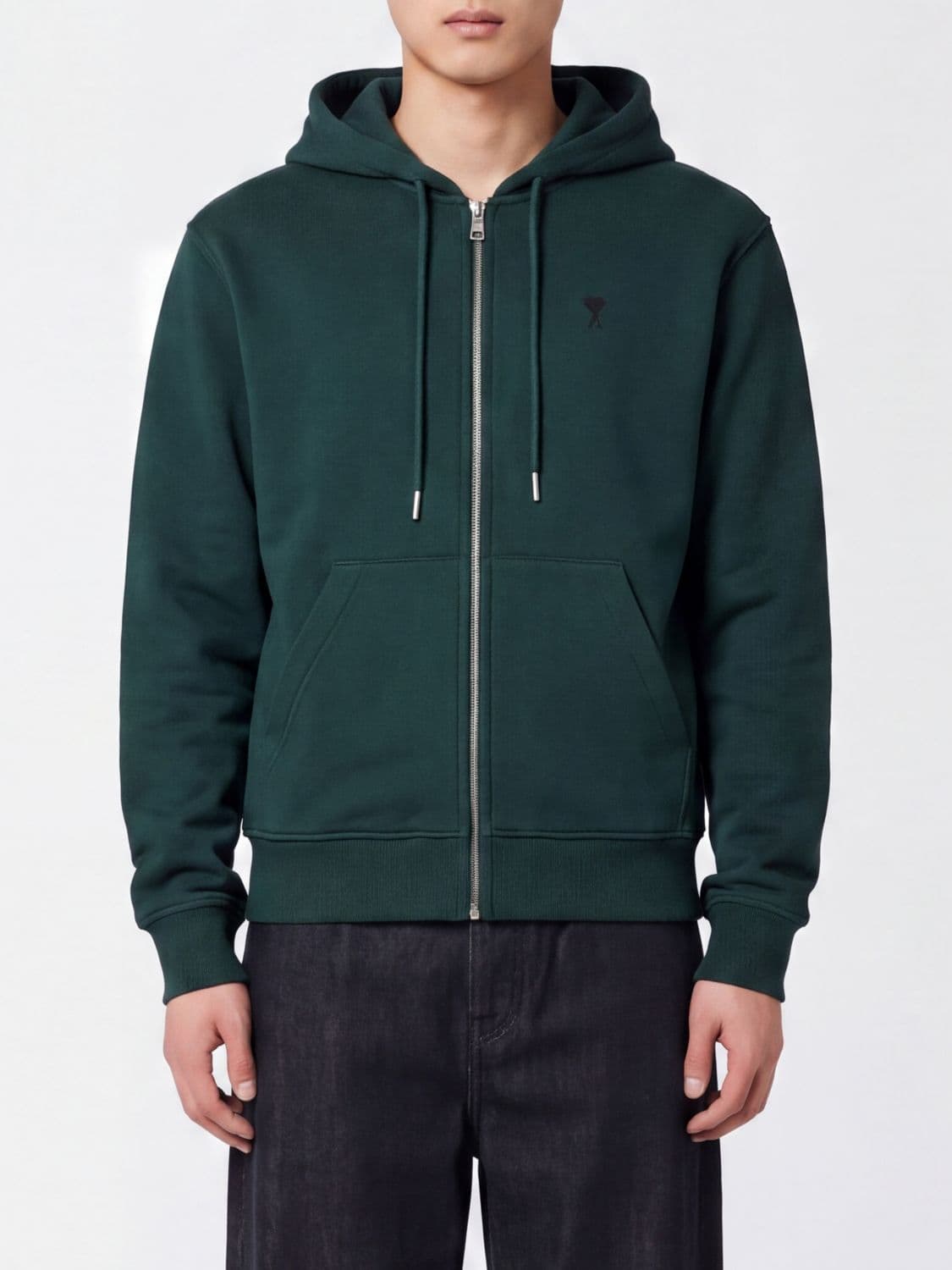 Ami Paris Cotton Zip-Up Hoodie with Kangaroo Pocket and Logo
