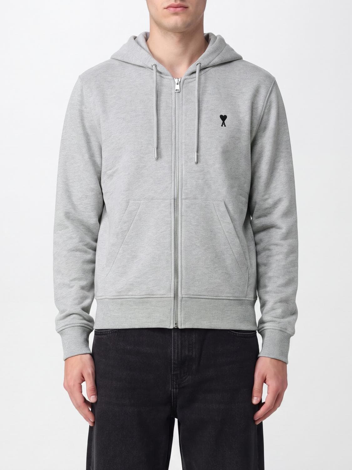 Ami Paris Cotton Zip-Up Hoodie with Kangaroo Pocket and Logo