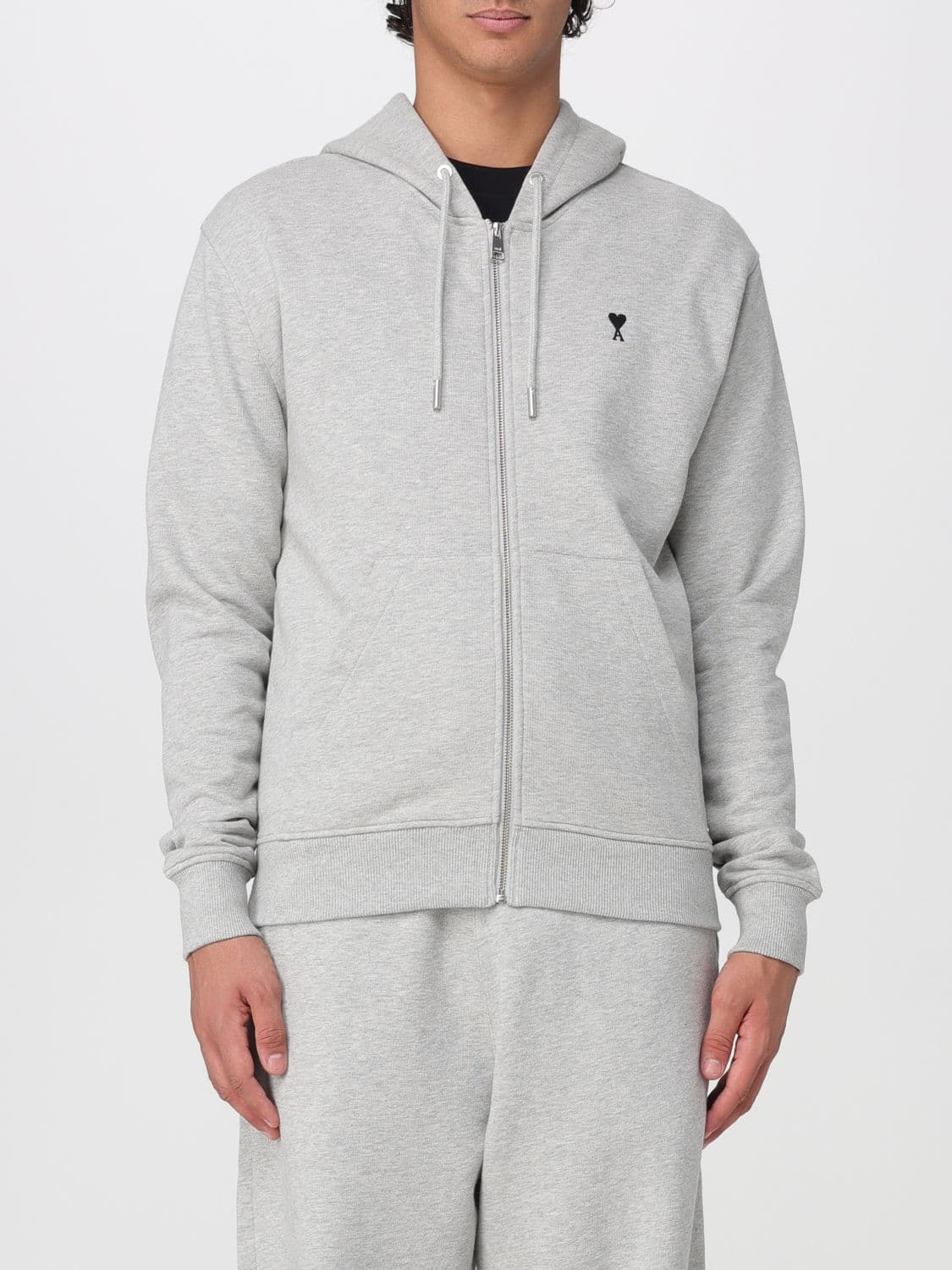 Ami Paris Cotton Zip-Up Hoodie with Kangaroo Pocket and Logo