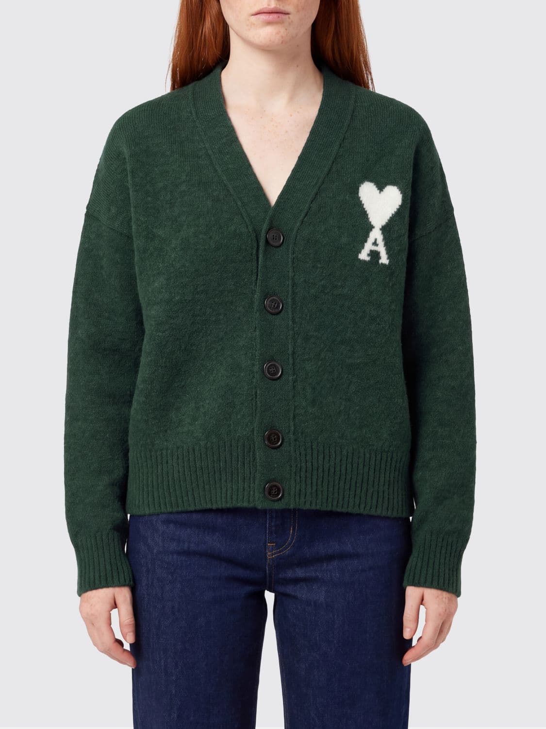 Ami Paris Alpaca Wool V-Neck Cardigan with Jacquard Logo