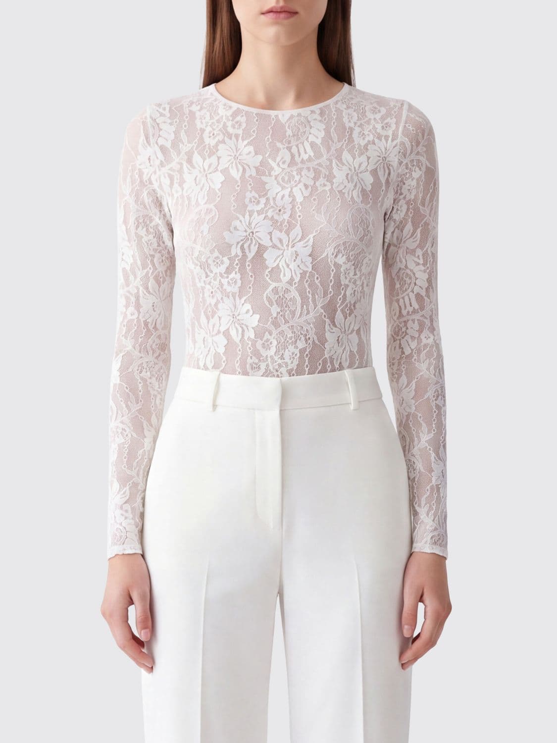 Zimmermann Long-Sleeved Slim Fit Lace Top with Crew Neck