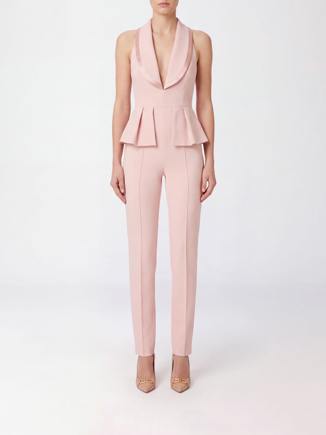Elisabetta Franchi Slim Fit Long Jumpsuit with V-Neck and Ruffled Waist