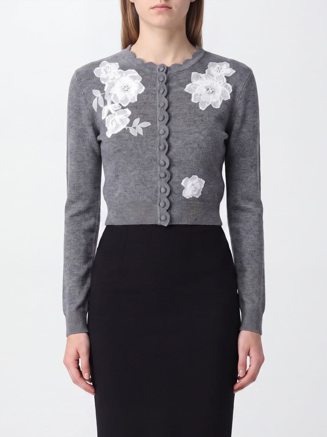Self-Portrait Slim Fit Wool and Cashmere Cardigan with Floral Appliqué