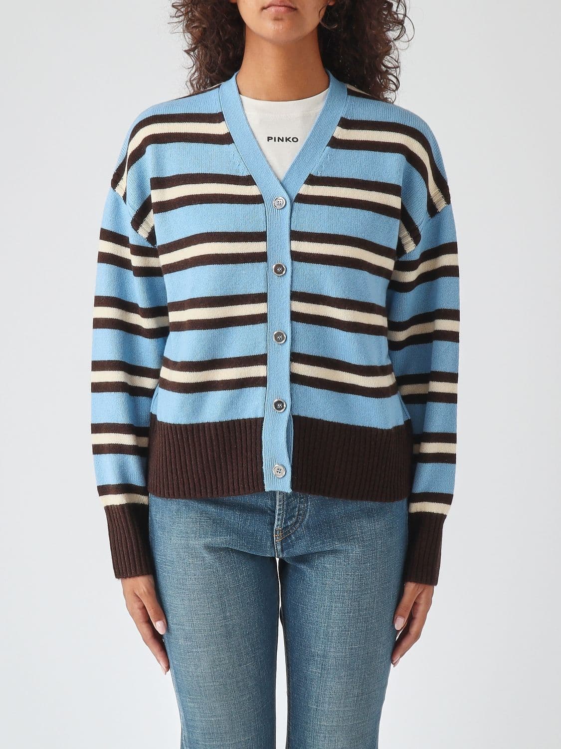 Pinko V-Neck Wool and Cashmere Blend Cardigan with Button Closure