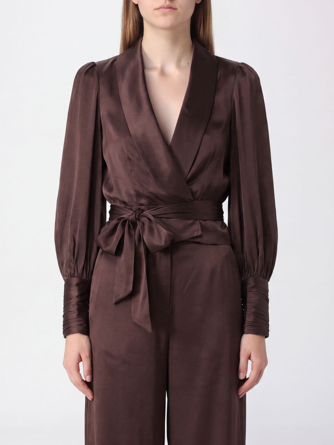 Zimmermann Robe-Style Satin Blouse with Shawl Collar and Tie-Waist Belt