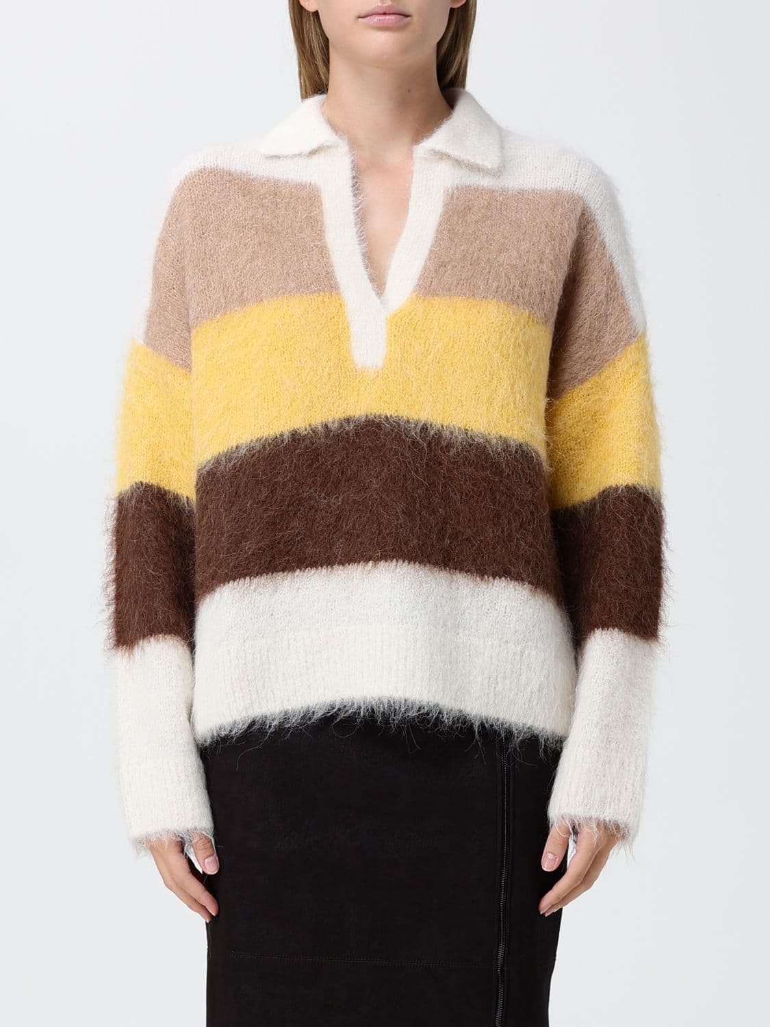 Pinko Striped Wool-Blend Knit Polo with Long Sleeves and V-Neck