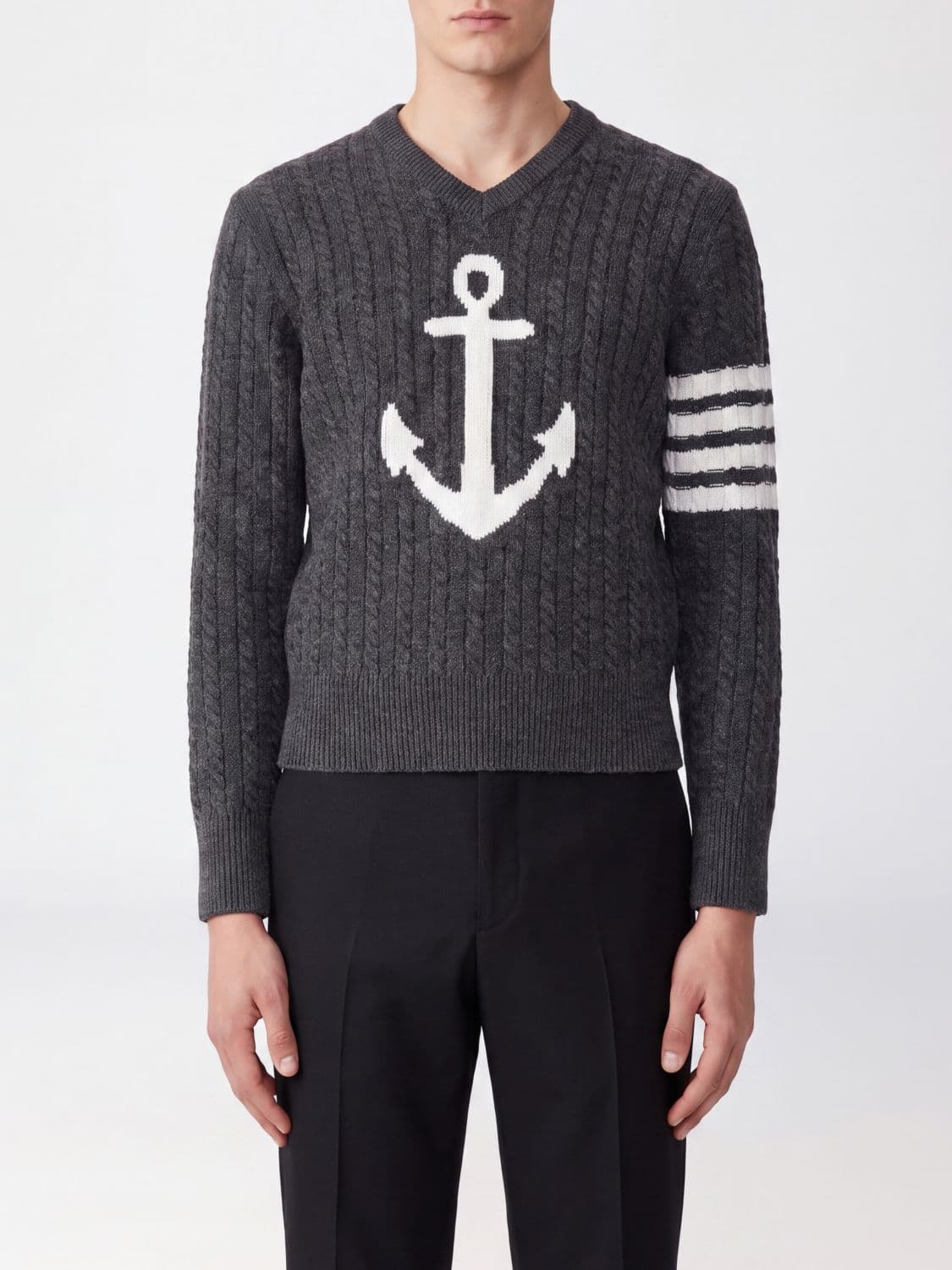 Thom Browne Slim Fit Virgin Wool V-Neck Jumper with Iconic 4-Bar Stripe