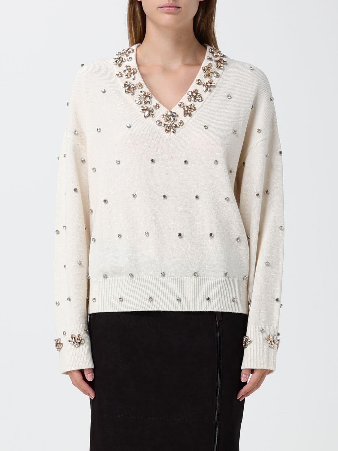 Pinko Pure Cashmere V-Neck Jumper with Crystal Embroidery