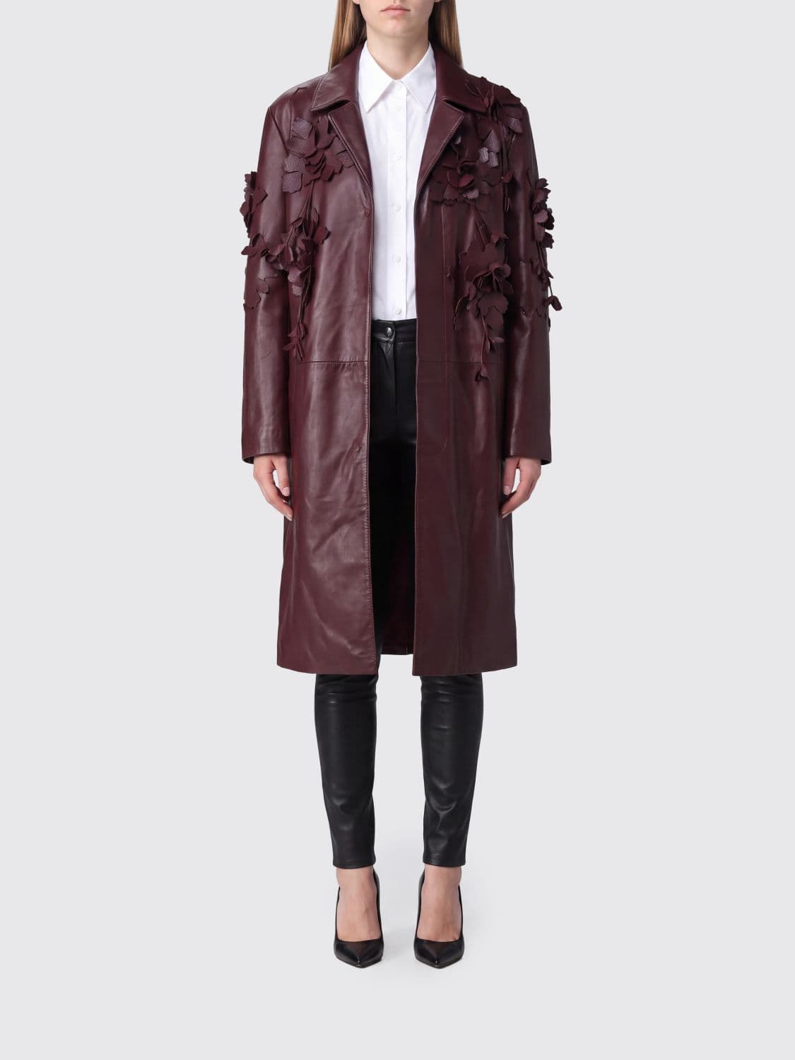Alberta Ferretti Single-Breasted Knee-Length Leather Coat with Flower