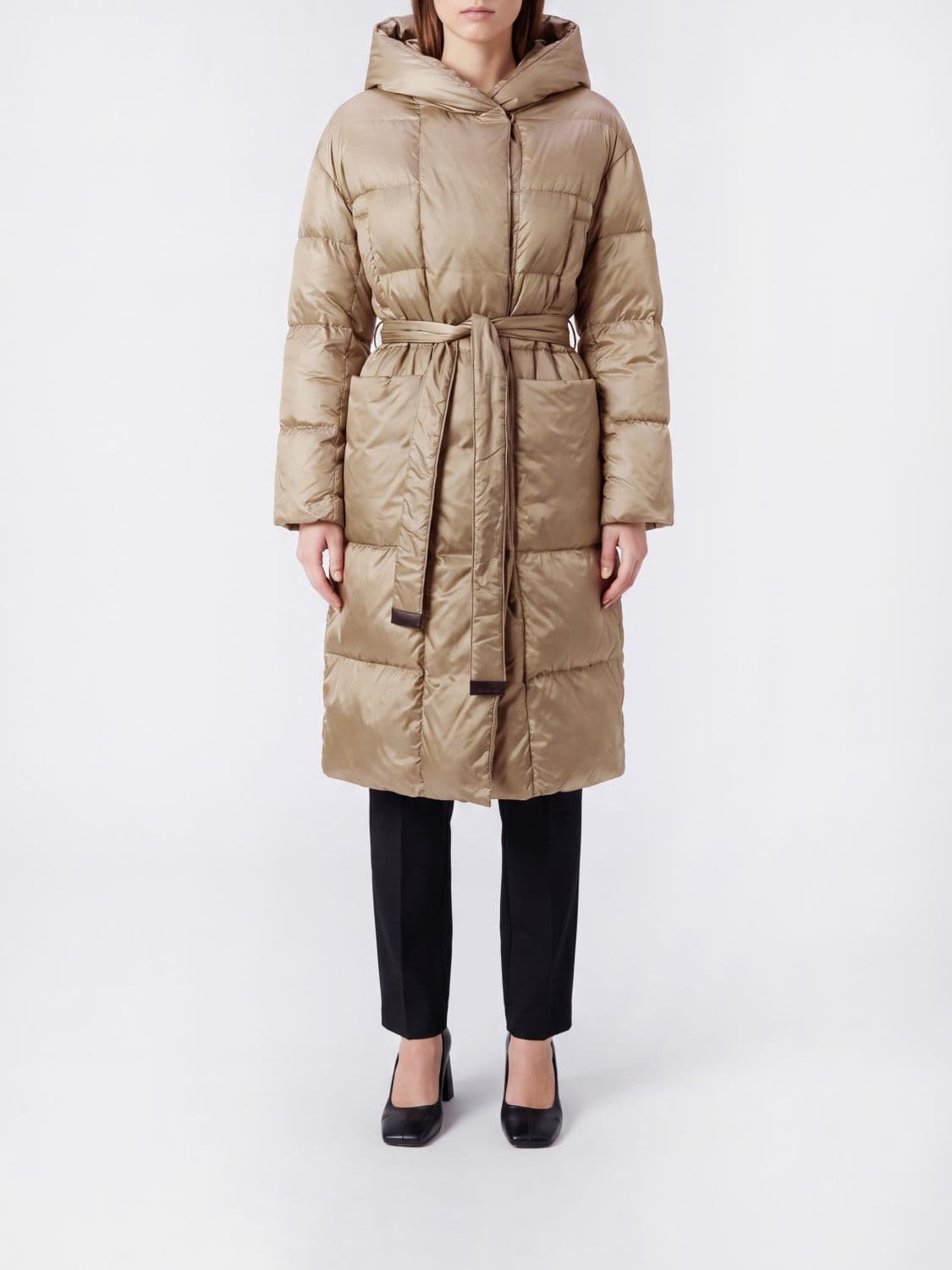 Max Mara The Cube Long Hooded Down Jacket with Belt in Water-Repellent Nylon