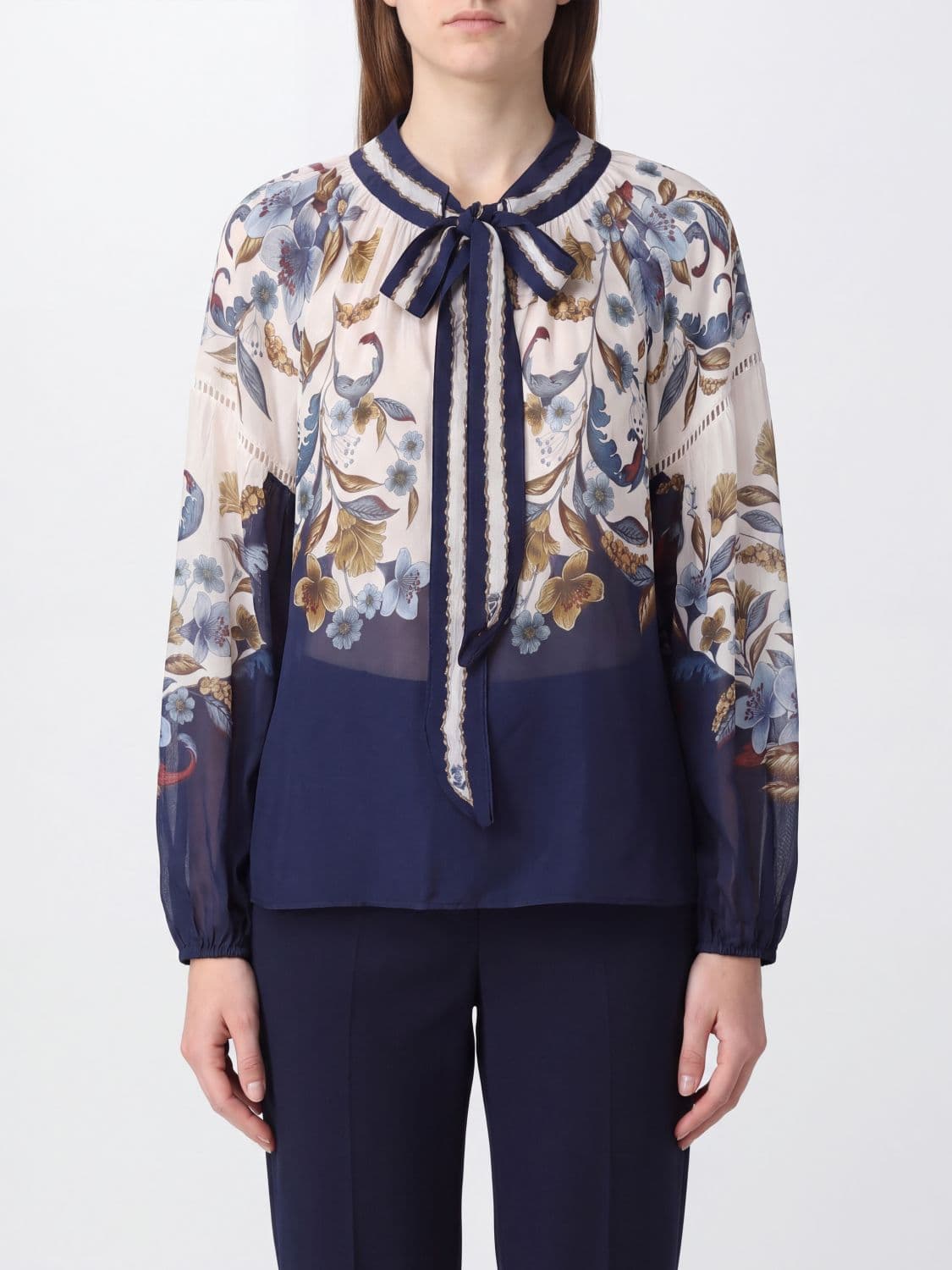Farm Rio Floral Print Viscose Blouse with Pussy-Bow Collar and Long Sleeves · XS