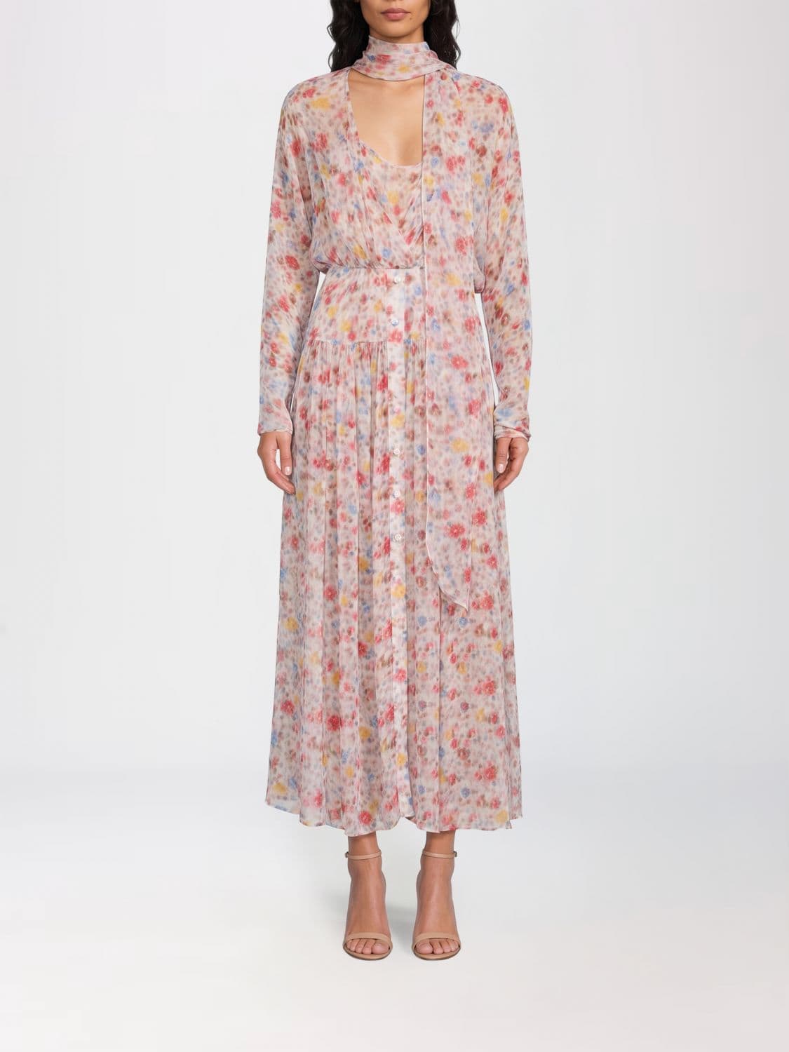 Ganni Pleated Floral Silk Chiffon Midi Dress with Pussy-Bow Collar
