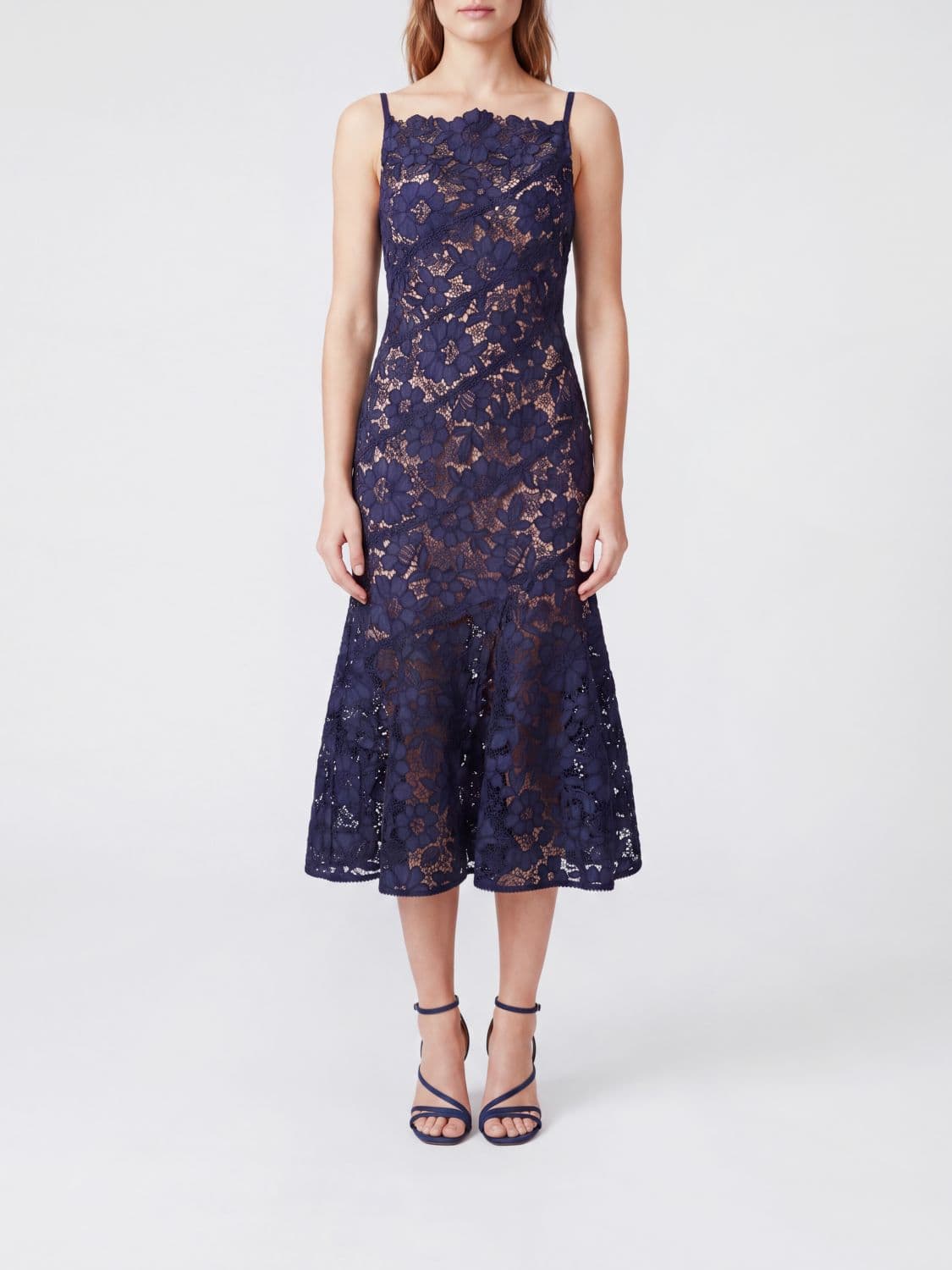 Self-Portrait A-Line Lace Midi Dress with Square Neckline and Off-the-Shoulder design