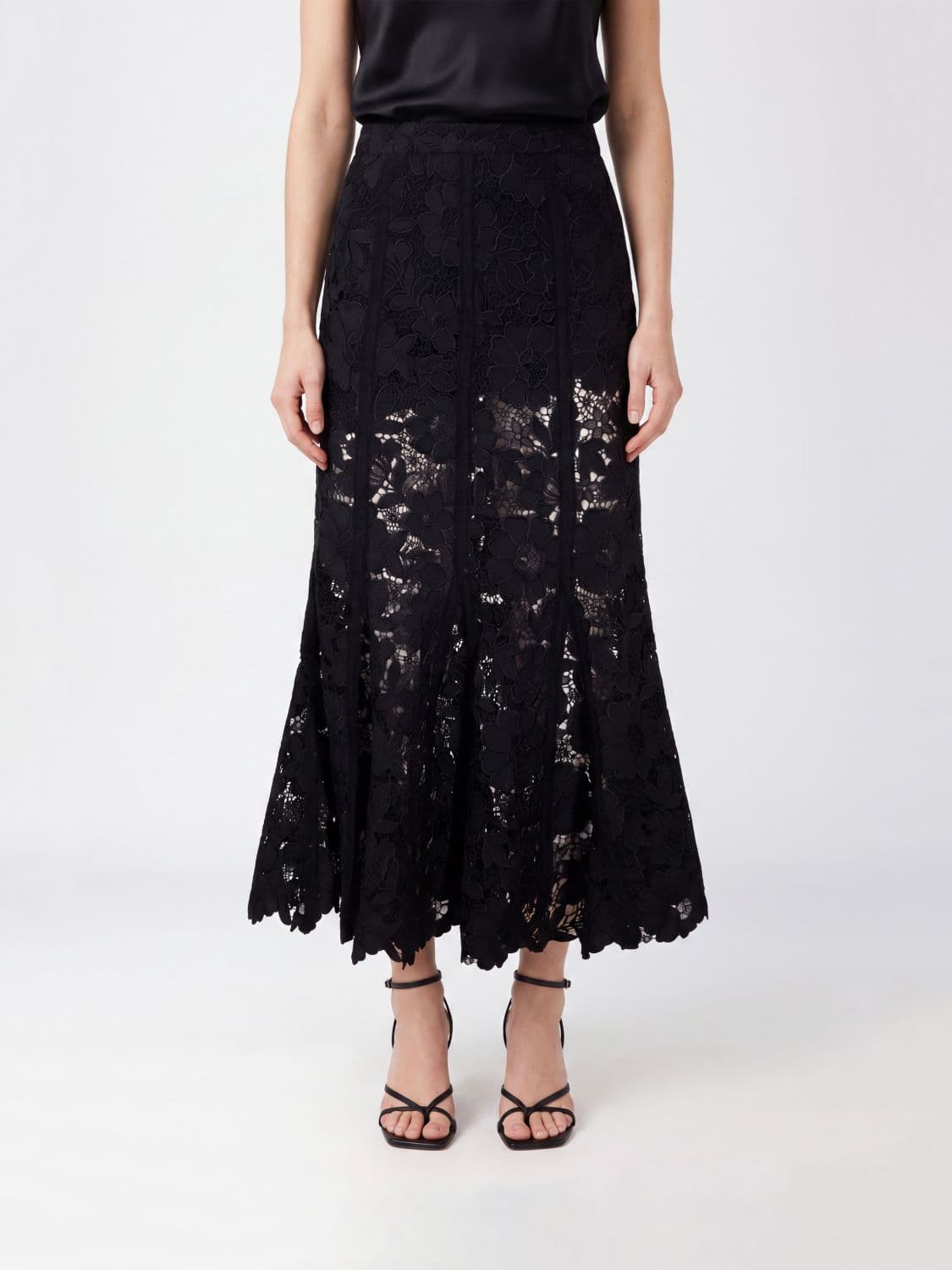 Self-Portrait High-Waisted A-Line Lace Midi Skirt with Straight Hem