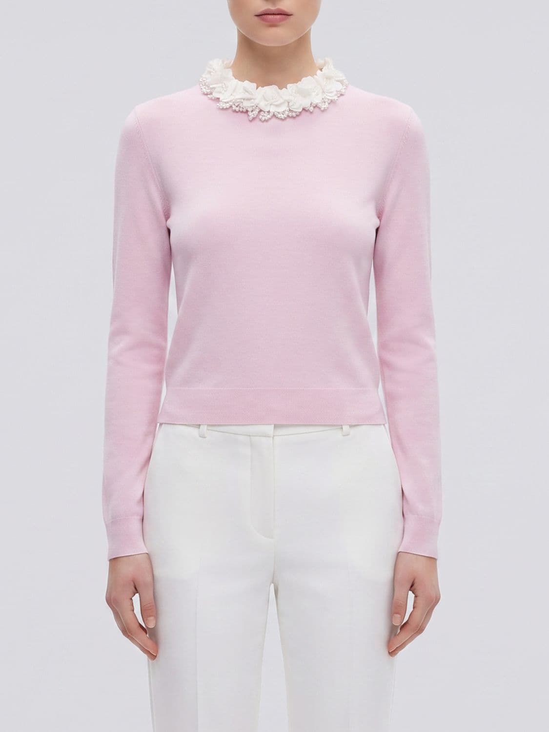 Self-Portrait Slim Fit Embroidered Wool Jumper with Ruffle Collar