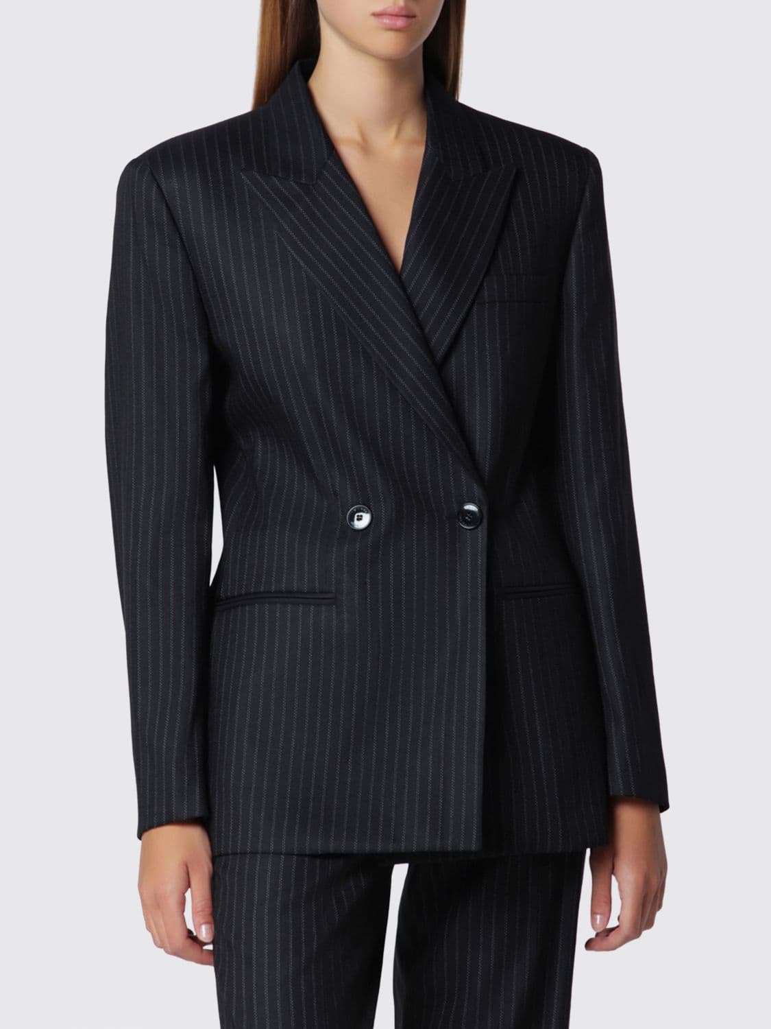 Isabel Marant Pinstriped Cropped Double-Breasted Blazer with Padded Shoulders
