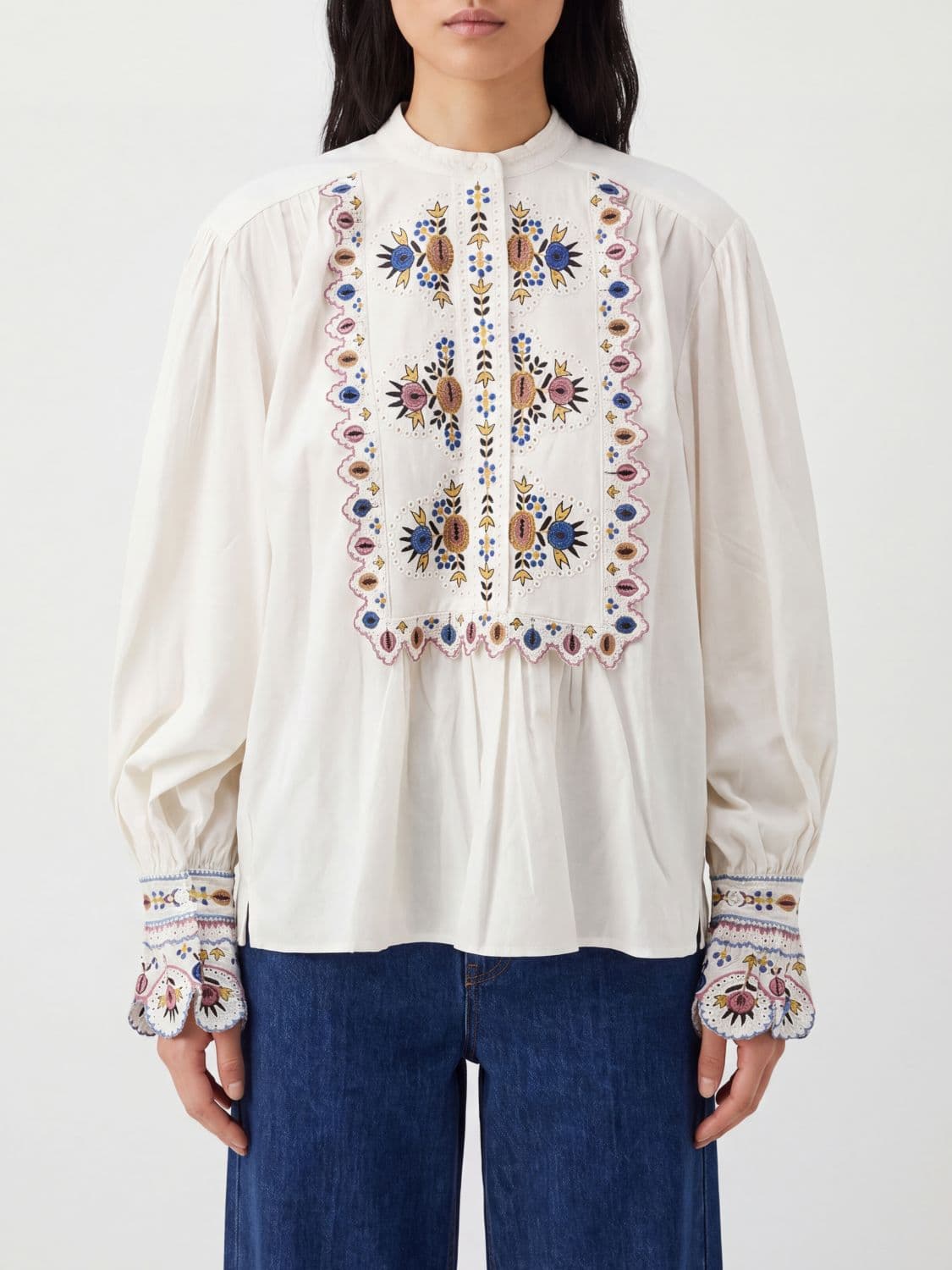 Isabel Marant Etoile Embroidered Linen-Blend Blouse with Ruffled Shoulders
