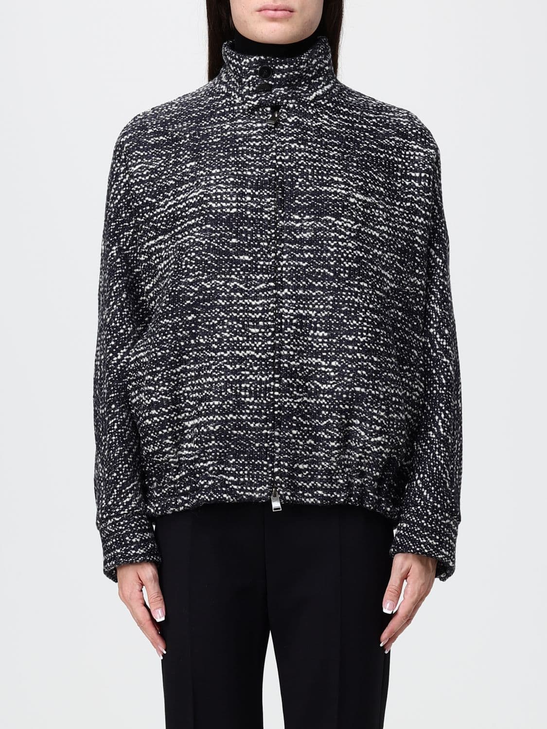 Darkpark Two-Tone Bouclé Cropped Bomber Jacket with High Neck and Zip Closure