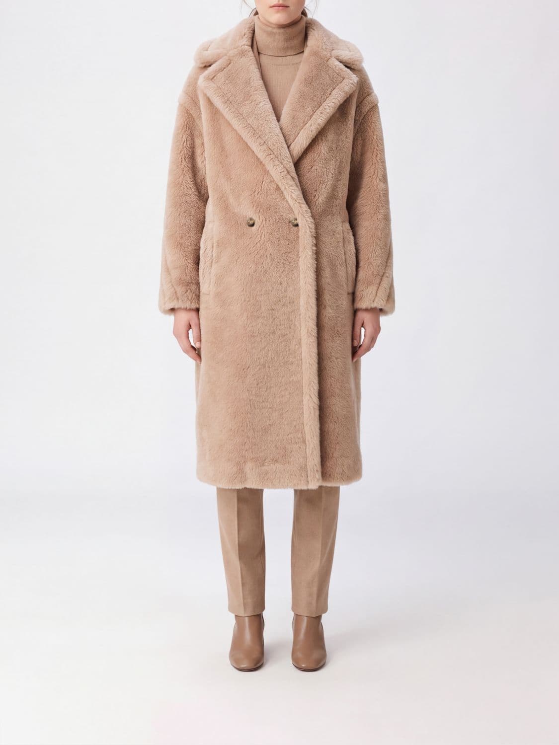 Max Mara Double-Breasted Wool Blend Teddy Coat with Dropped Shoulders