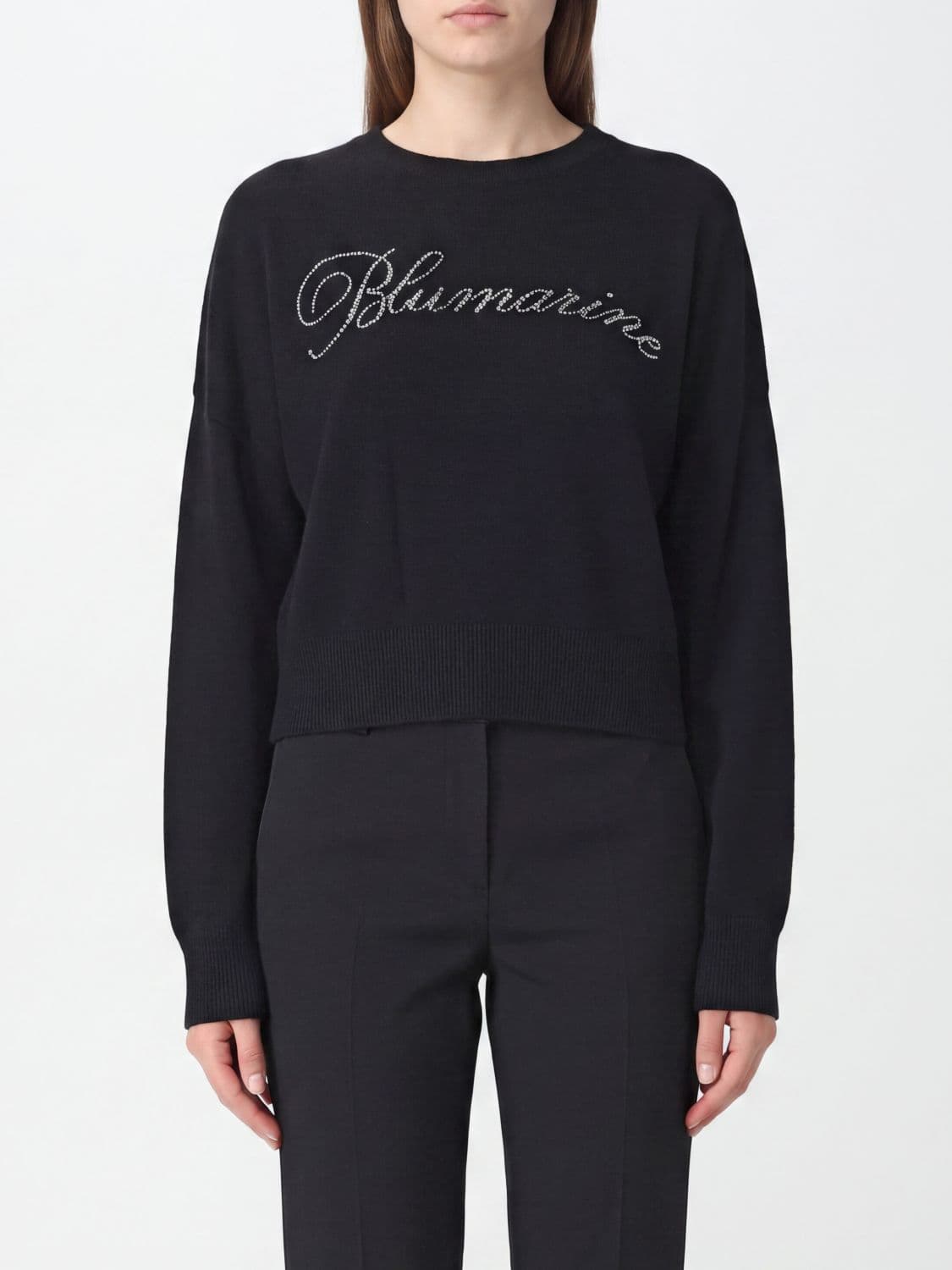 Blumarine Rhinestone Logo Wool Crewneck Jumper with Dropped Shoulders