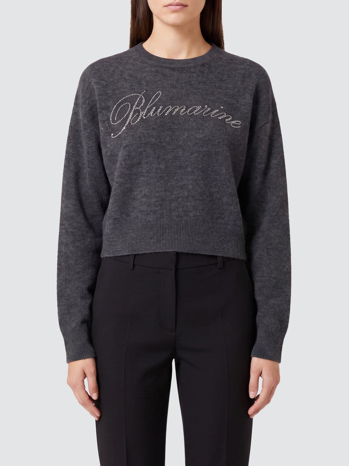 Blumarine Rhinestone Logo Wool Crewneck Jumper with Dropped Shoulders
