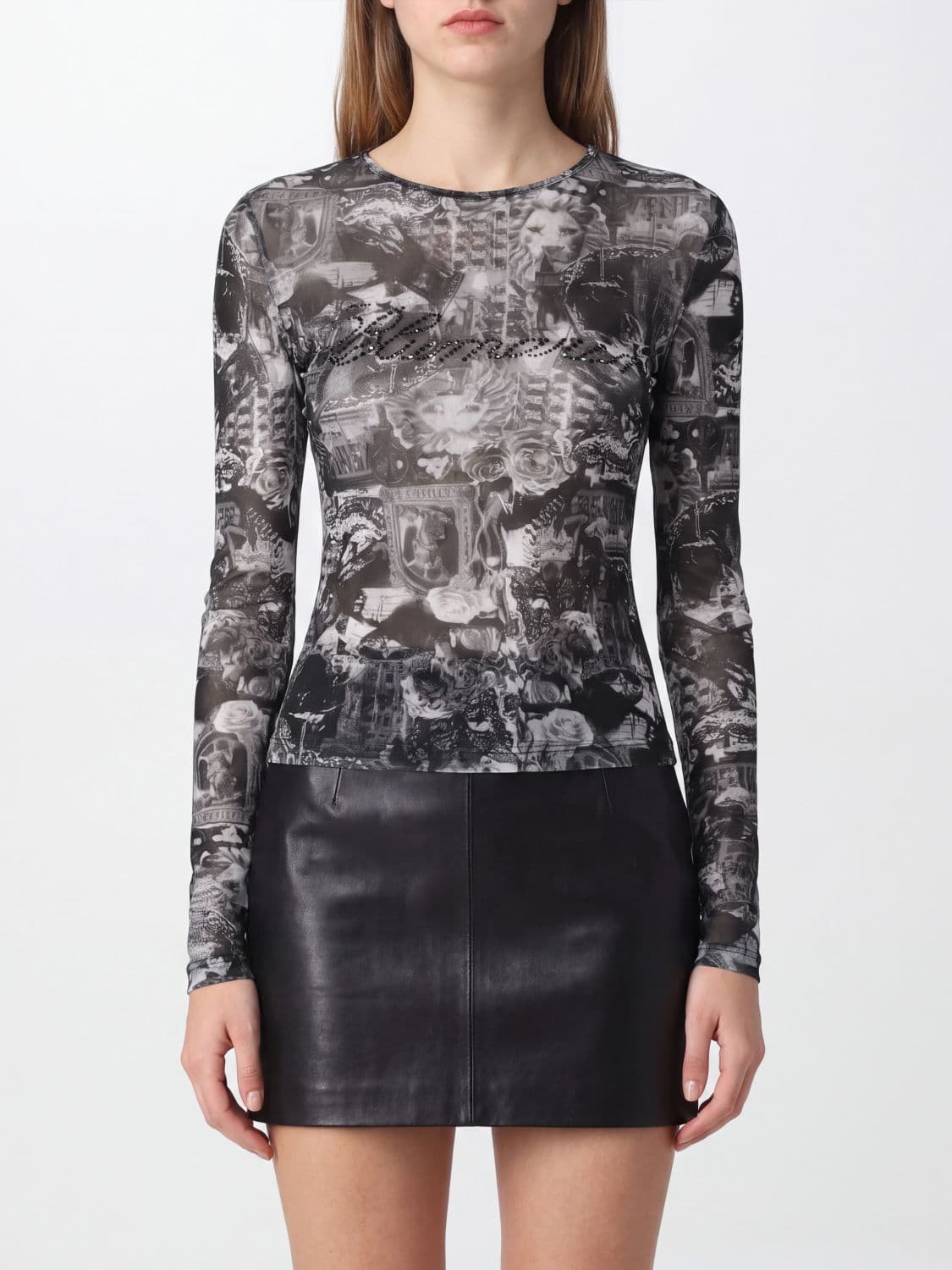 Blumarine Slim Fit Long-Sleeved Top with Contrasting Graphic Logo Print