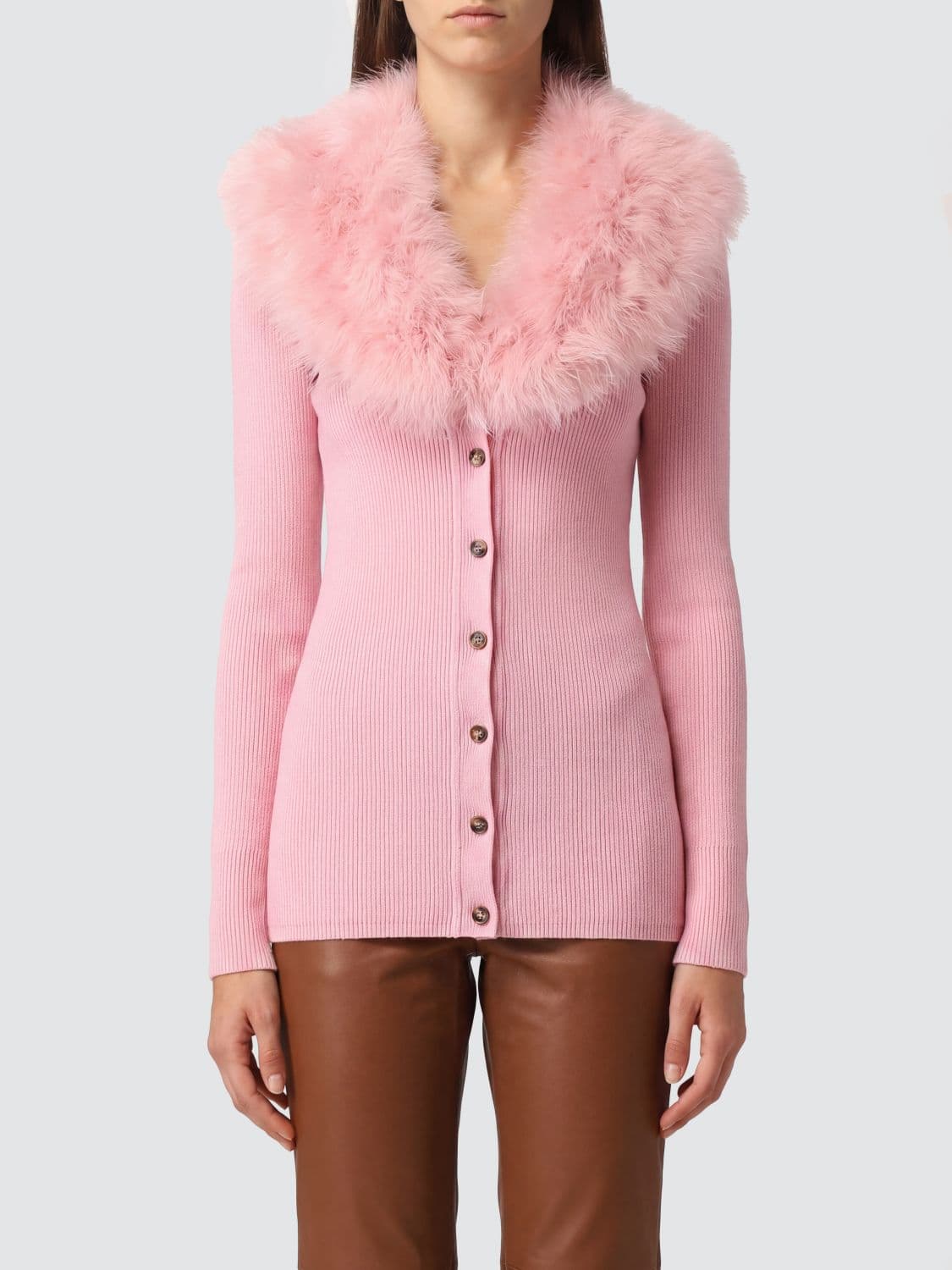 Blumarine Slim Fit Virgin Wool Cardigan with Contrast Fur Collar