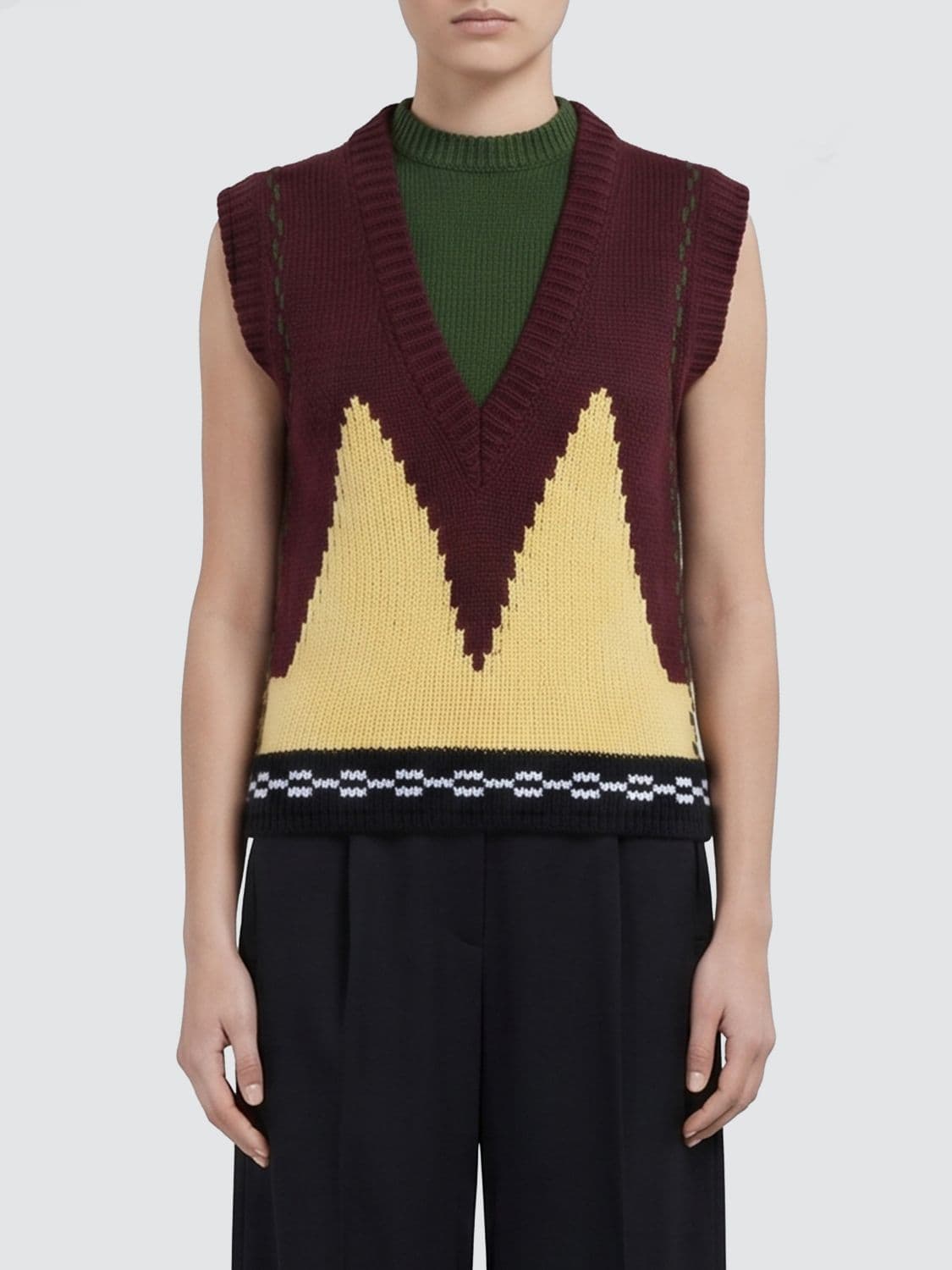 Marni Bicolour Abstract Pattern Wool Crewneck Waistcoat with Ribbed Trim