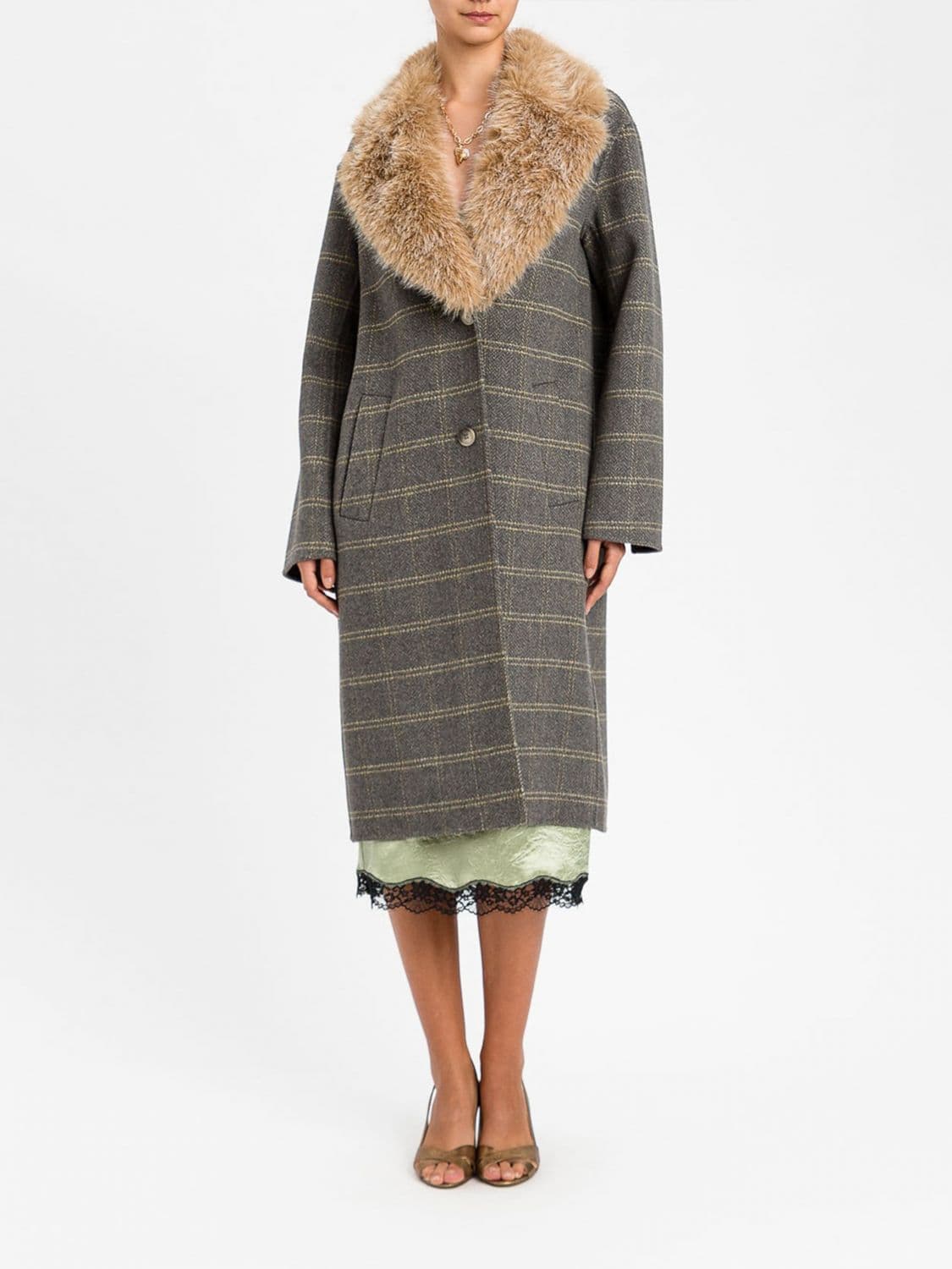 Twinset Single-Breasted Check Wool Coat with Shawl Fur Collar
