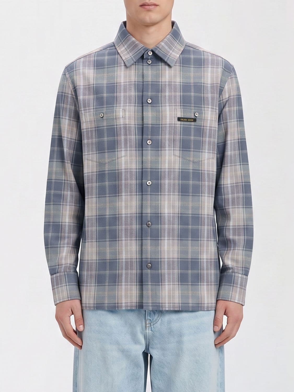 Golden Goose Check Cotton Shirt with French Collar and Patch Pockets