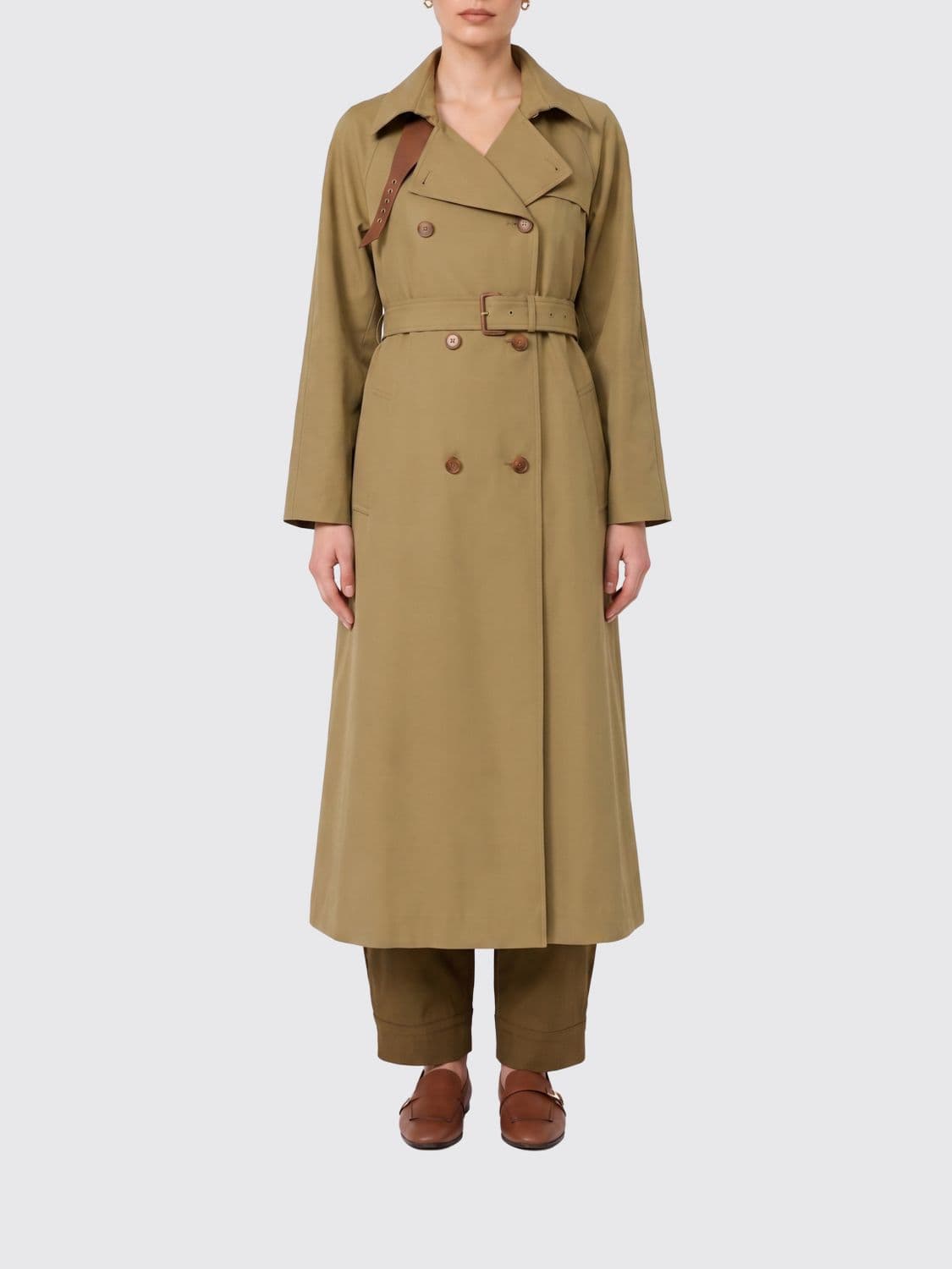 Max Mara Long Double-Breasted Cotton Gabardine Trench Coat with Belt