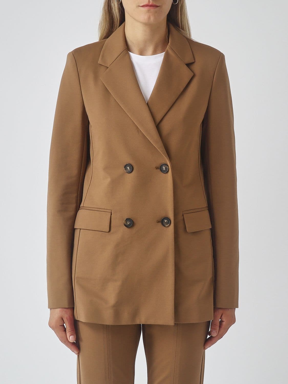 Mm Max Mara Cropped Double-Breasted Cotton Blend Blazer with Lapel Collar